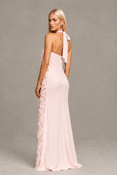 BOLODOO Blush Pink Cross Halter Neck 3D Floral Appliqué Backless Mermaid Maxi Gown 