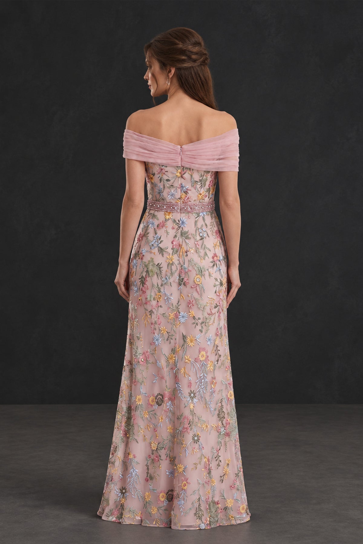 BOLODOO blush pink floral mother of the bride gown, back view showing zipper and off-the-shoulder neckline