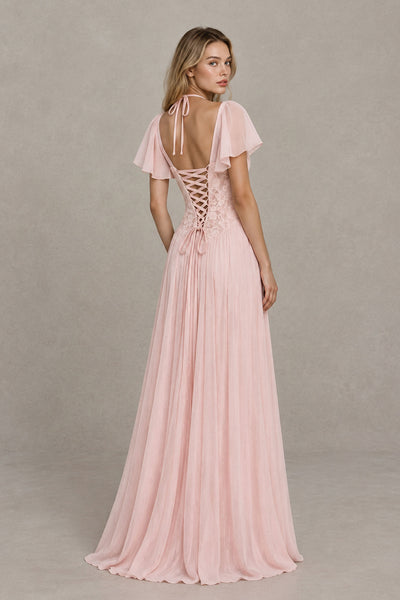 BOLODOO blush pink maxi dress with open back and corset lace-up detail, back view
