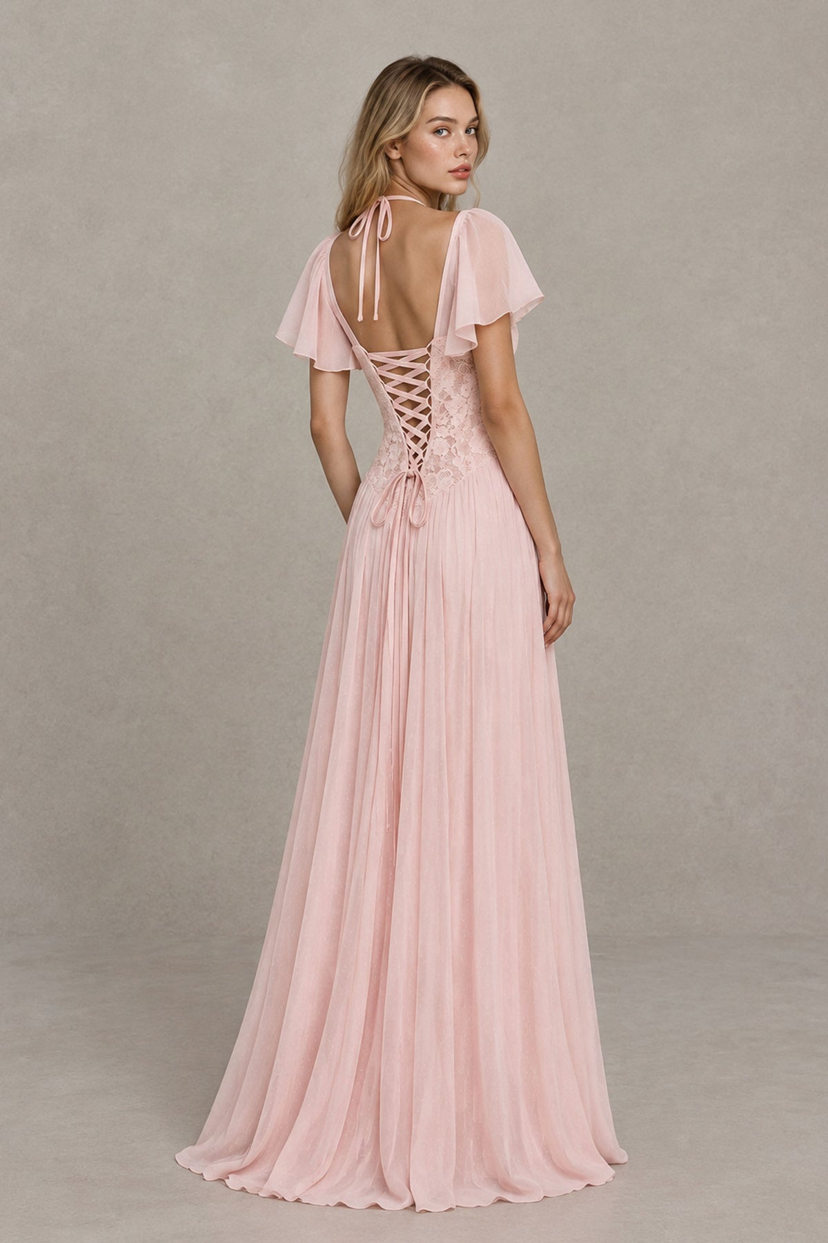 BOLODOO blush pink maxi dress with open back and corset lace-up detail, back view