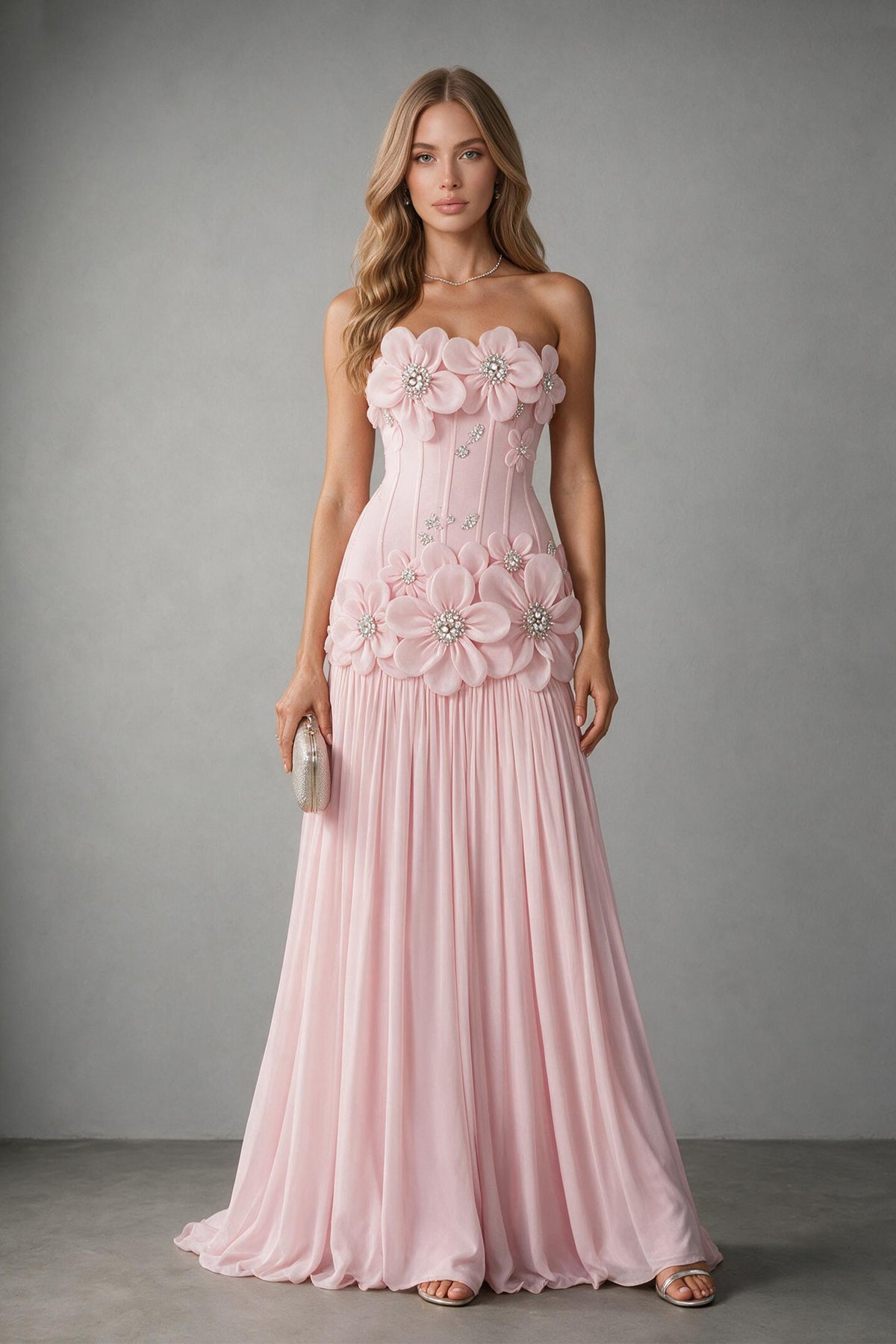 BOLODOO blush pink strapless floral appliqué evening gown with pleated floor-length skirt front view