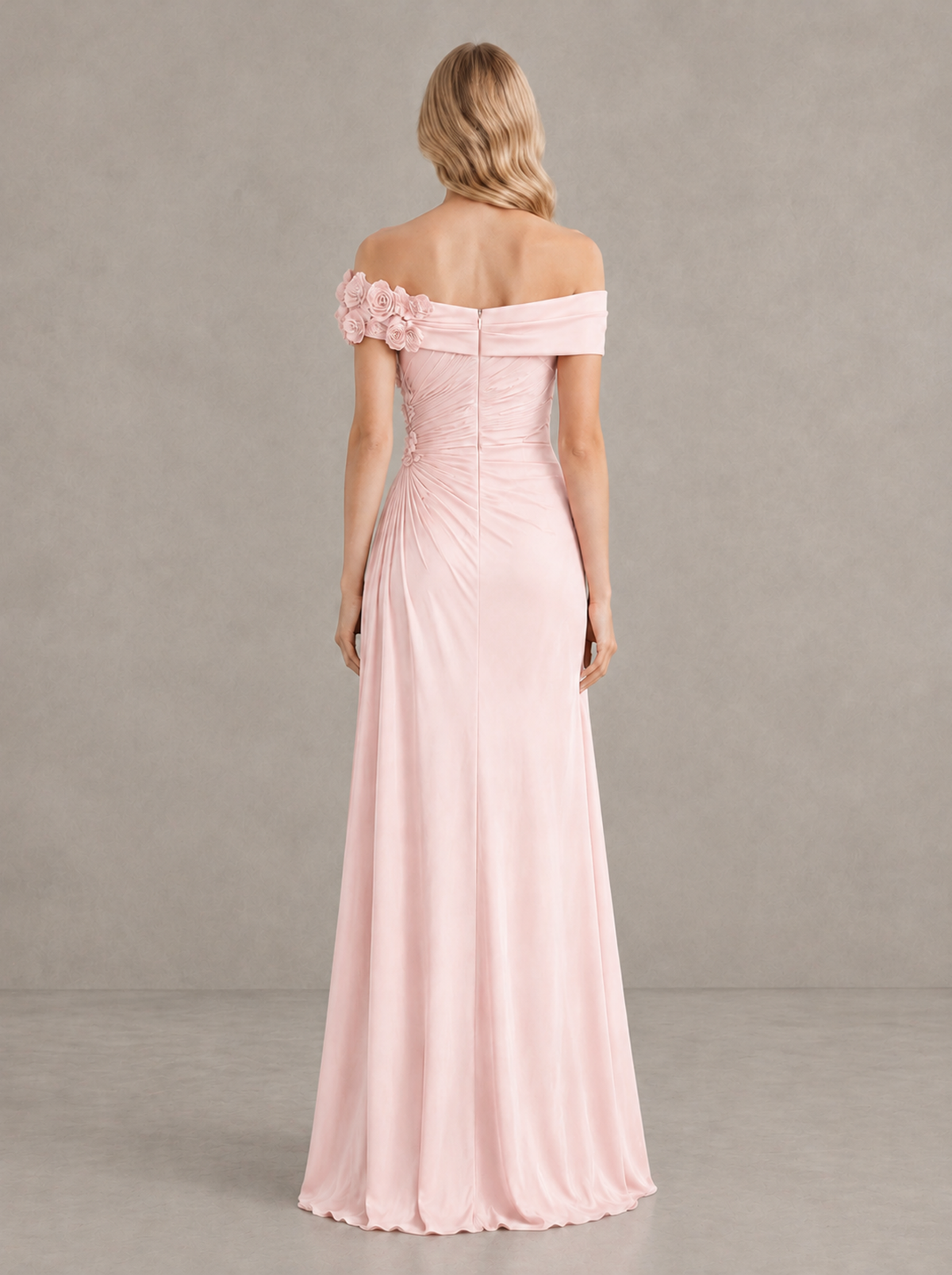 BOLODOO Blush Pink Off-Shoulder Floral Applique Wedding Guest Maxi Dress 