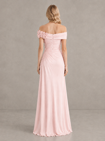 BOLODOO Blush Pink Off-Shoulder Floral Applique Wedding Guest Maxi Dress 