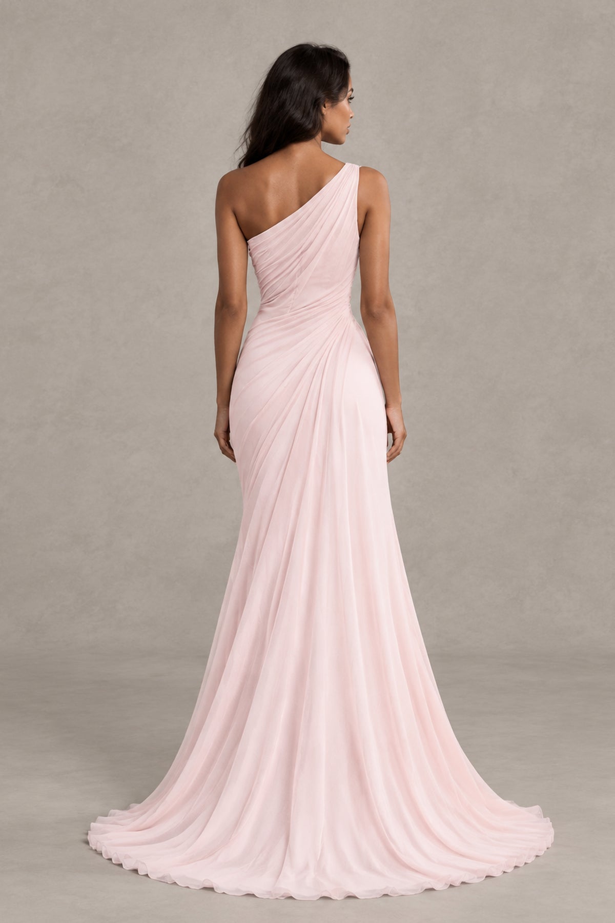 BOLODOO blush pink one-shoulder floral maxi dress three-quarter front view