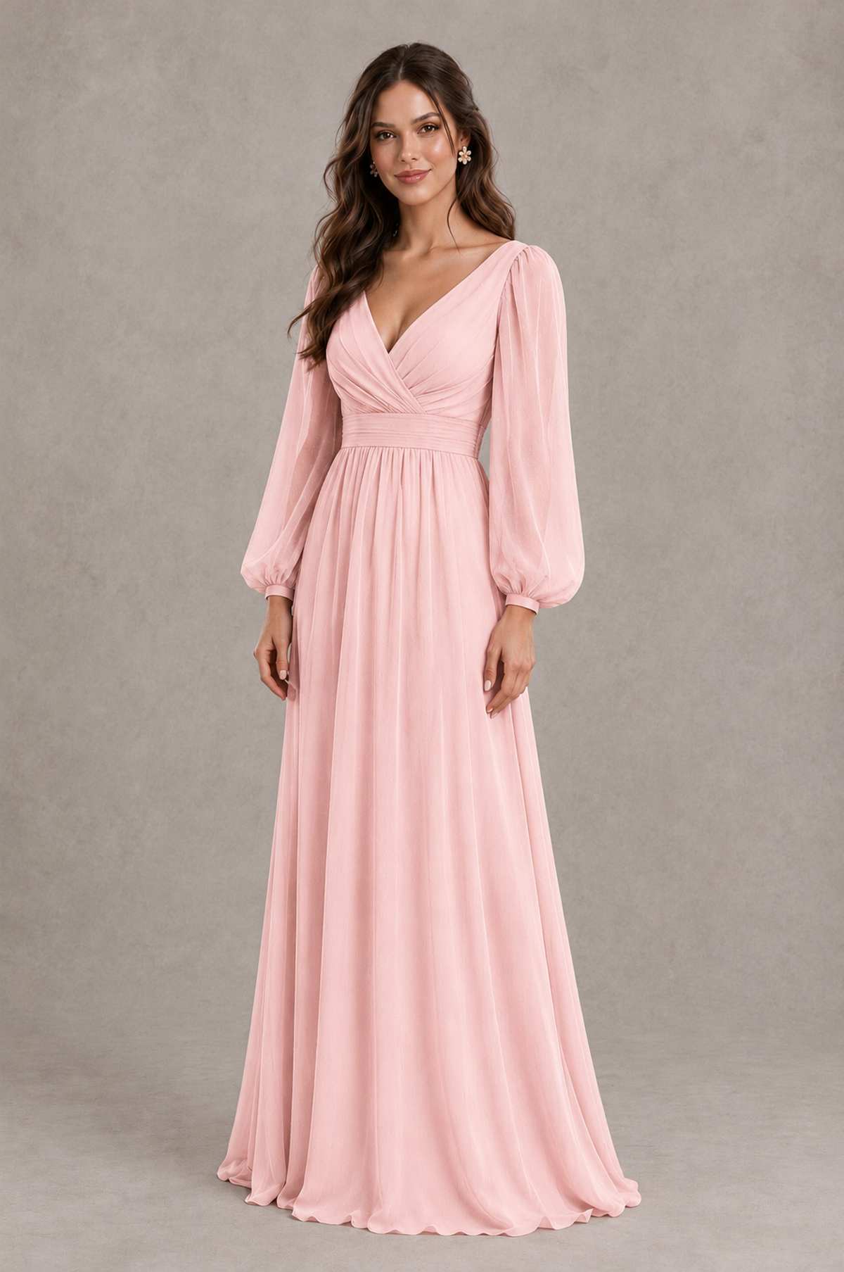 BOLODOO QQ088 blush pink V-neck long sleeve A-line bridesmaid dress, full-length front view