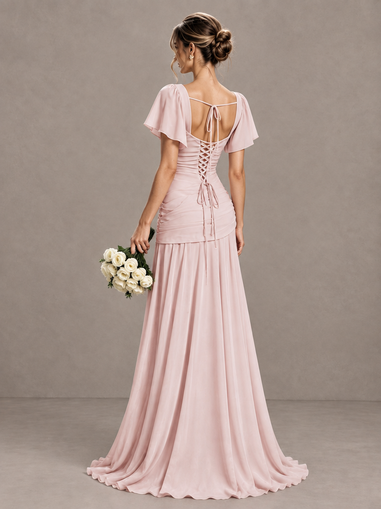Blush pink square neck short flutter sleeve bridesmaid maxi dress front view