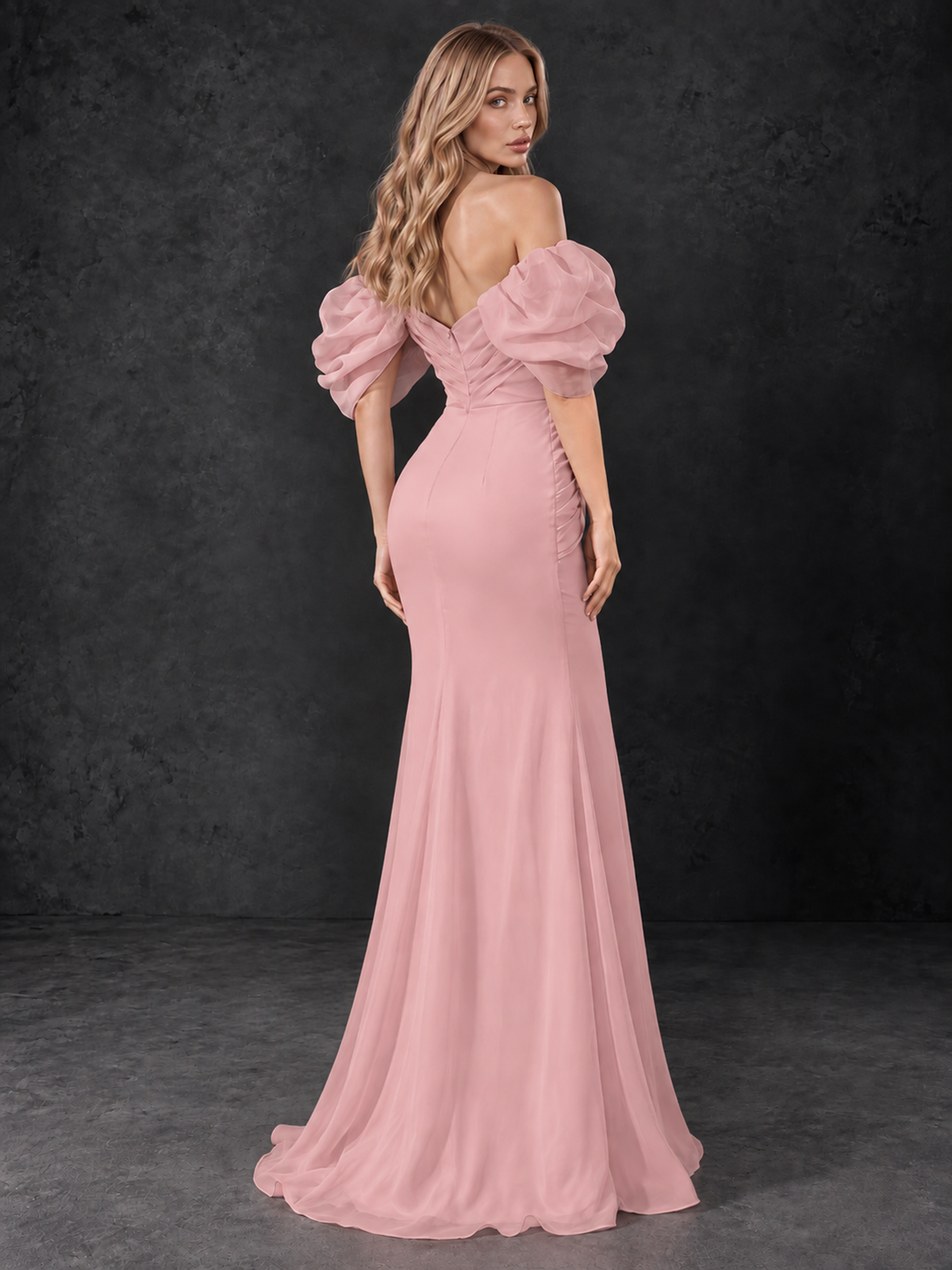 BOLODOO Blush Pink Off-Shoulder Puff Sleeve Mermaid Evening Dress 