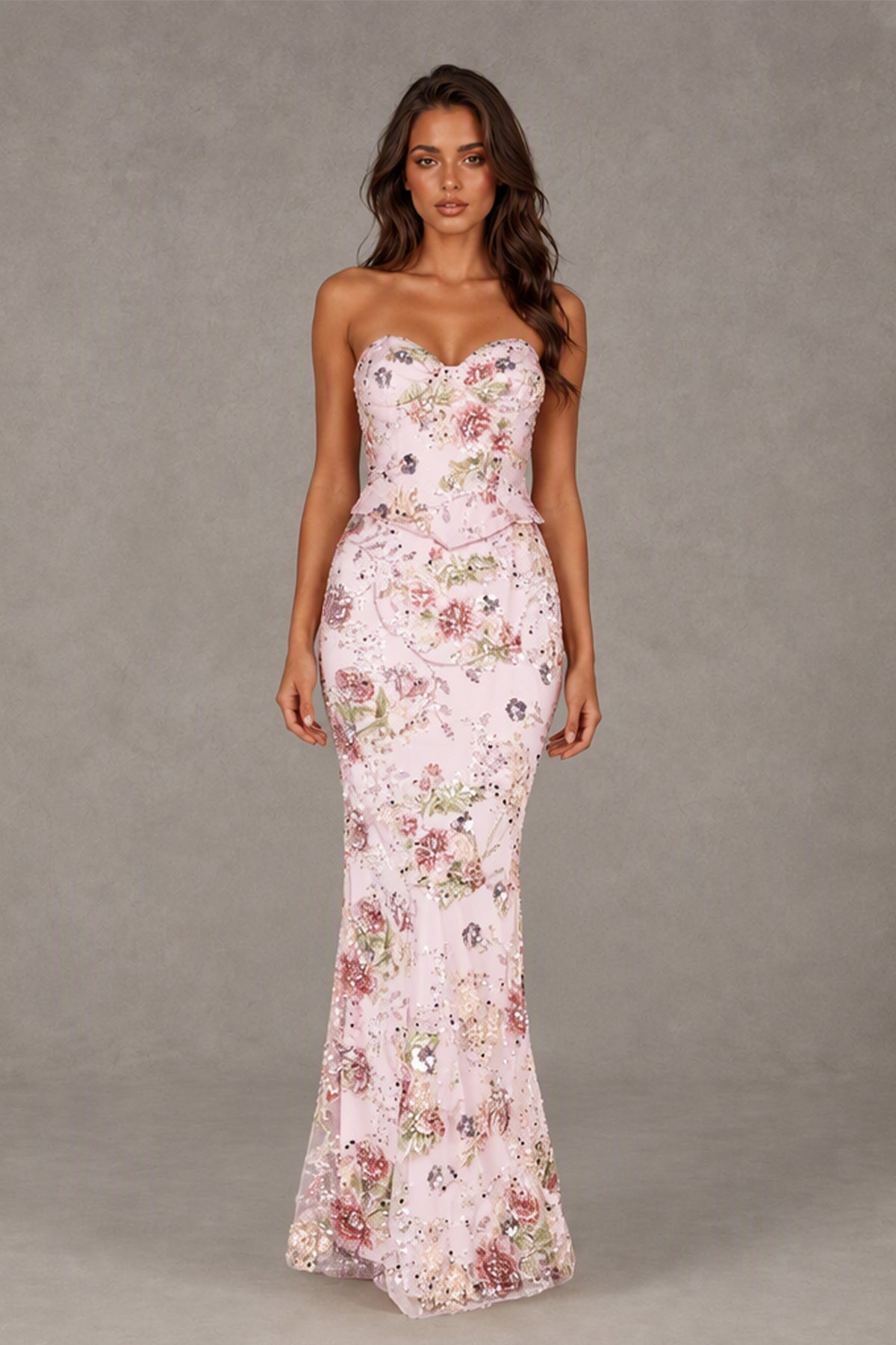 BOLODOO XX074 strapless sweetheart floral evening gown front view without cape styling