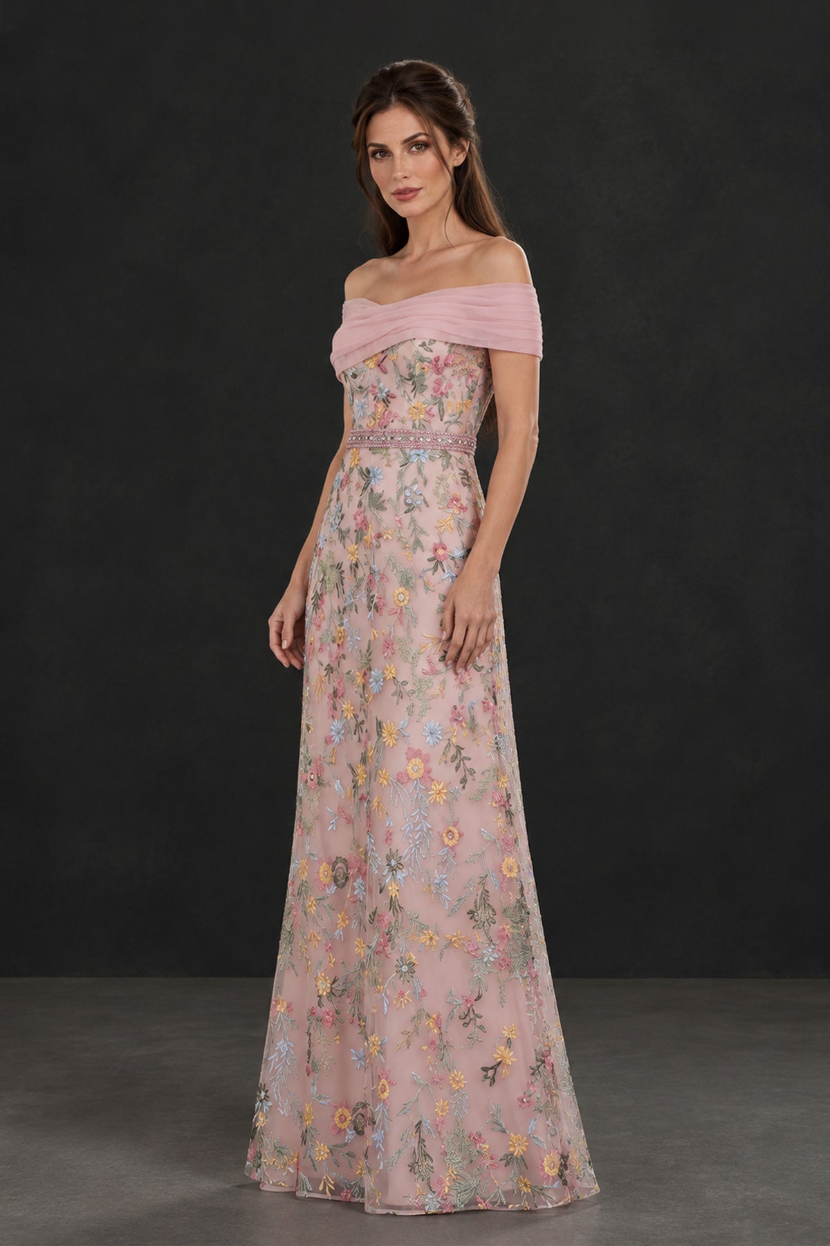 BOLODOO XX068 floral wedding guest dress, angled view showing fitted waist and off-the-shoulder short sleeves