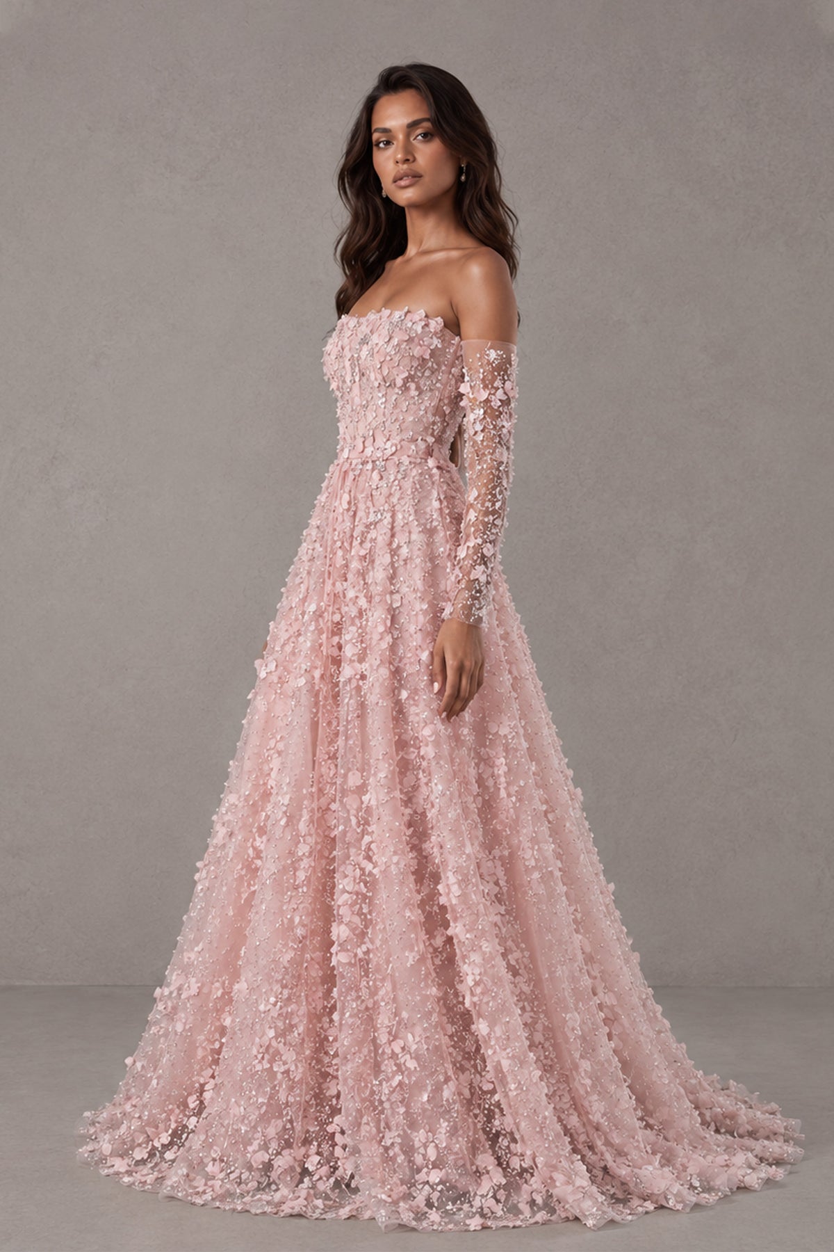 BOLODOO blush pink floral gown, angled view showing fitted bodice and full overskirt