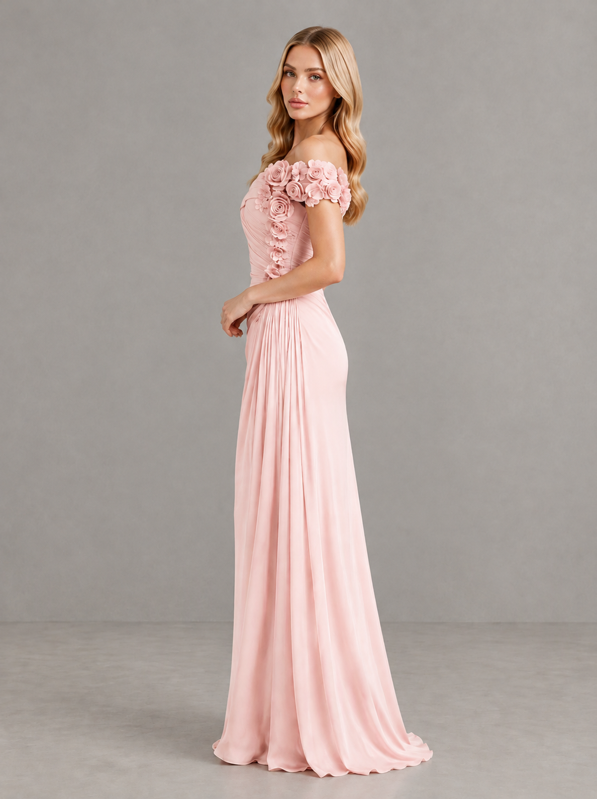 BOLODOO Blush Pink Off-Shoulder Floral Applique Wedding Guest Maxi Dress 