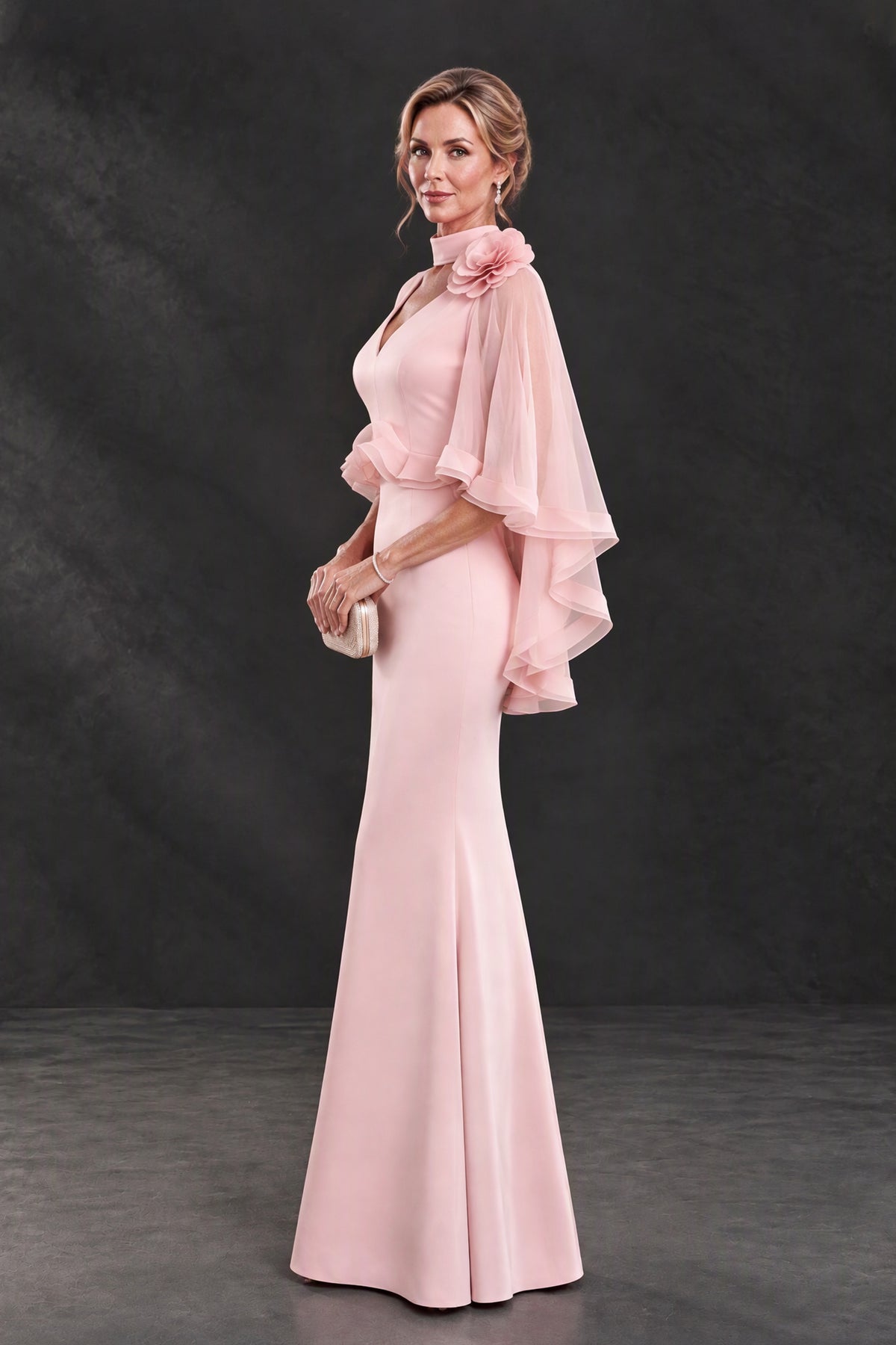 BOLODOO XX085 blush pink mother of the bride dress with cascading sleeves and ruffled waist overlay, side view