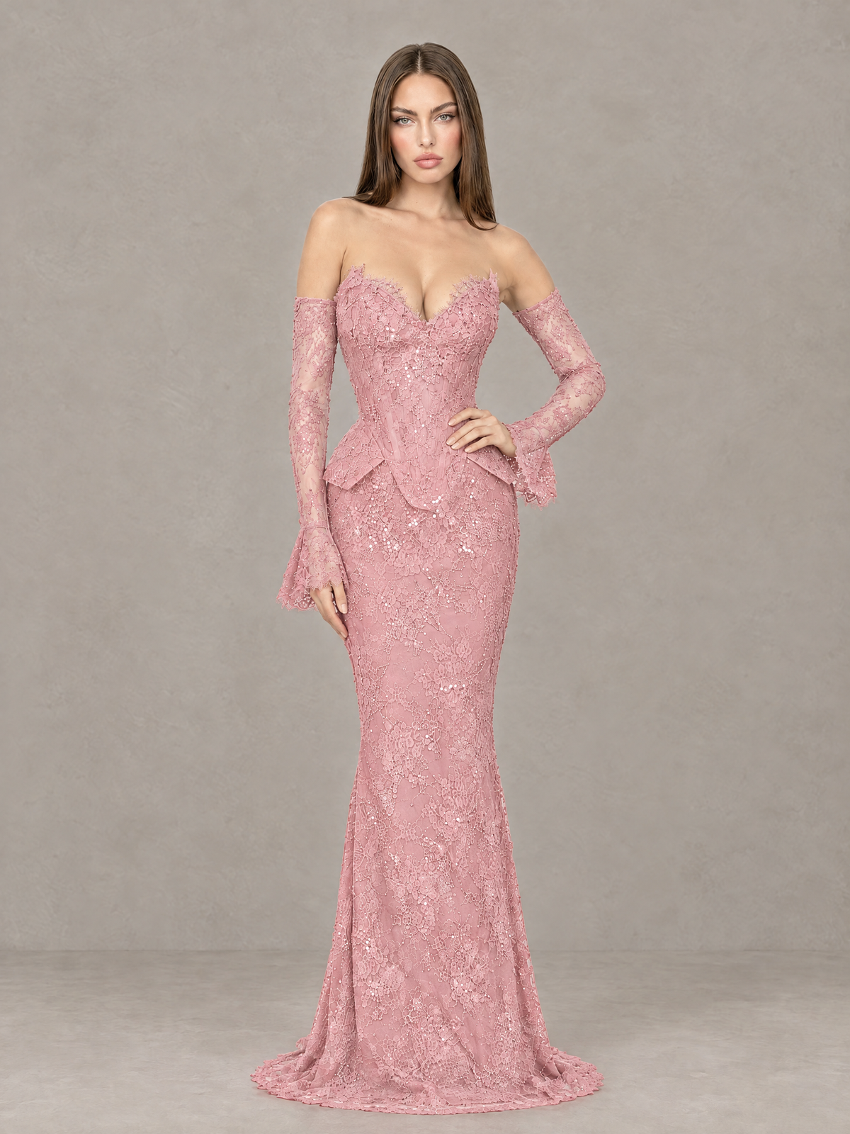 BOLODOO blush pink sweetheart mermaid gown, front pose showing sheer long sleeves and fitted bodice