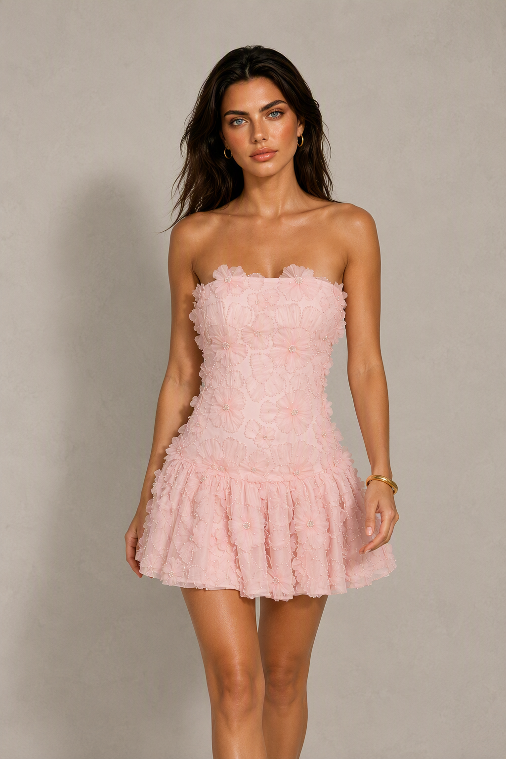 BOLODOO Blush Pink 3D Floral Tulle Strapless Corset Mini Dress - Full Front View