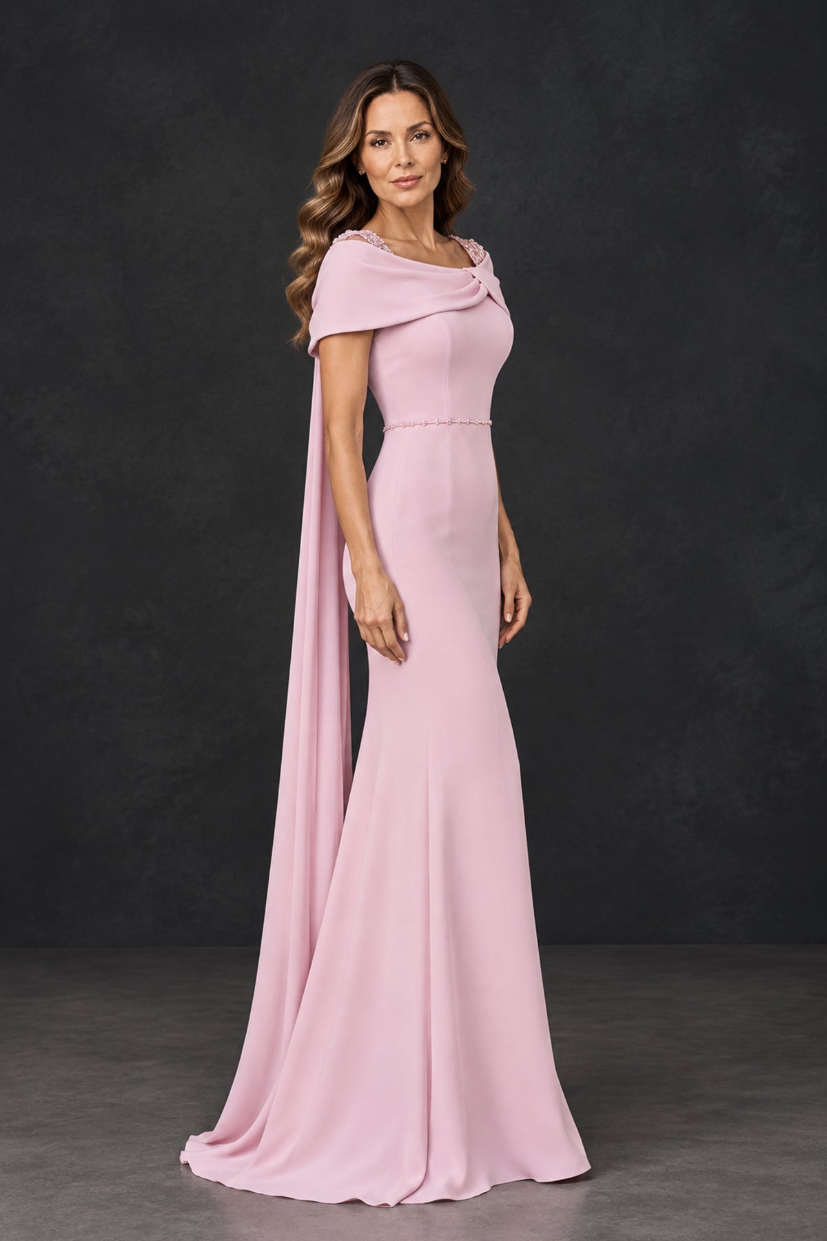 BOLODOO XX081 blush pink formal gown three-quarter view with embellished straps and cascading back drape