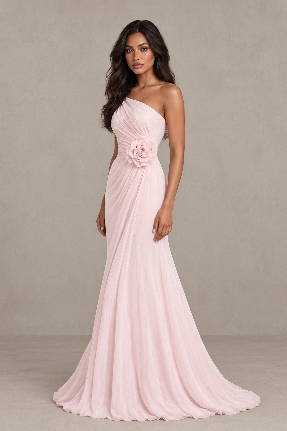 Back view of BOLODOO blush pink asymmetric one-shoulder floor-length dress and train