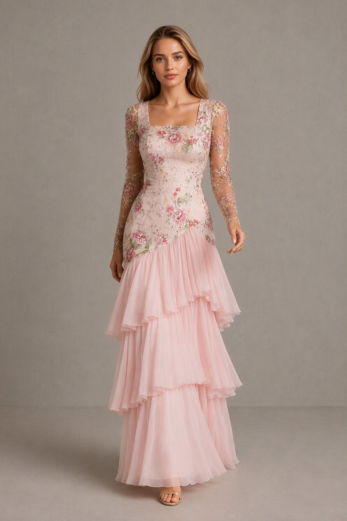 BOLODOO blush pink floral lace maxi dress back three-quarter view with covered back and tiered skirt