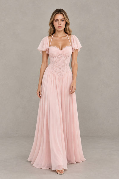 BOLODOO blush pink A-line floor-length dress with sweetheart neckline, front view