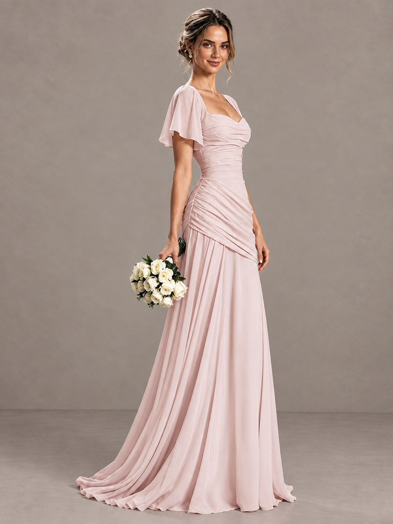 BOLODOO blush pink ruched bodice flowing formal gown side view
