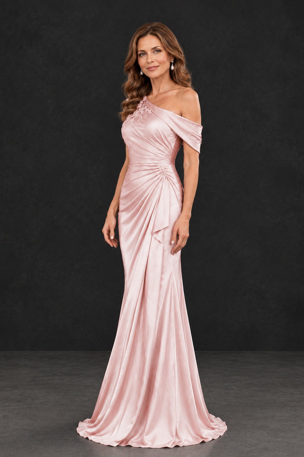 BOLODOO XX069 blush pink gown, angled view showing off-the-shoulder band and cascading side drape