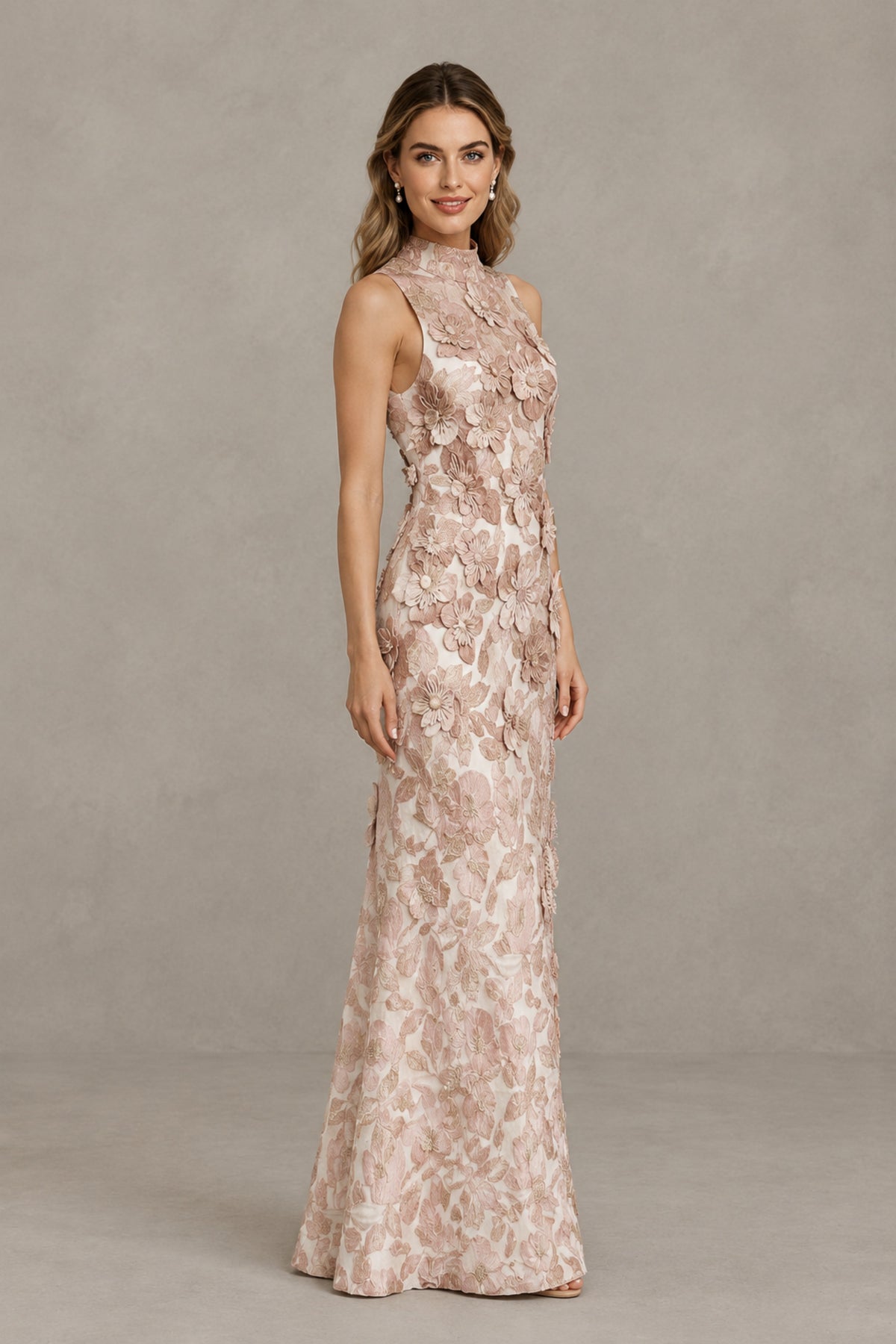 Side view of BOLODOO FQ0058 blush pink sleeveless floral evening gown with dimensional flower appliques