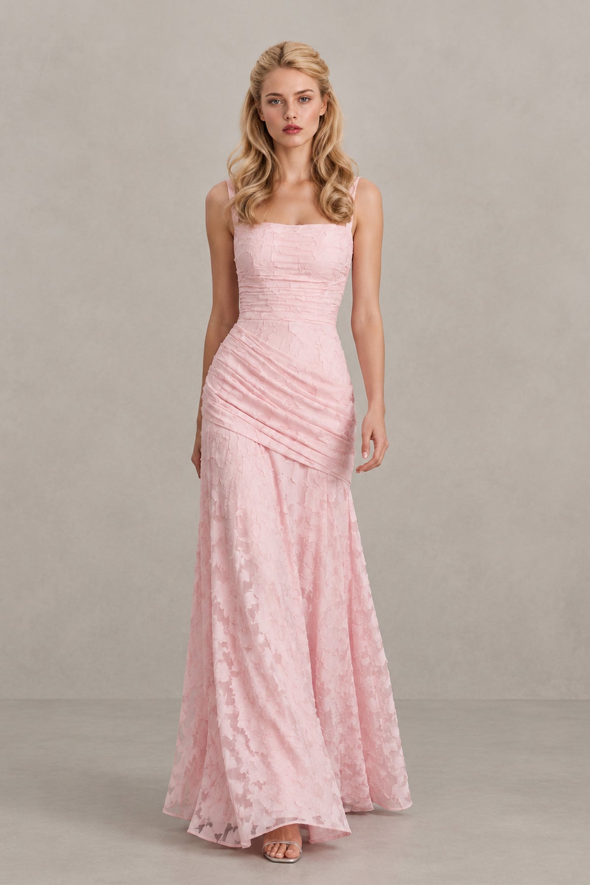 BOLODOO blush pink floral-textured floor-length dress, front view showing square neckline and ruched waist