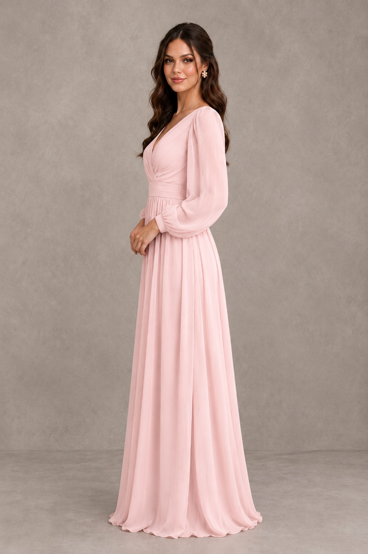BOLODOO QQ088 floor-length blush pink bridesmaid dress, side view of flowing A-line skirt
