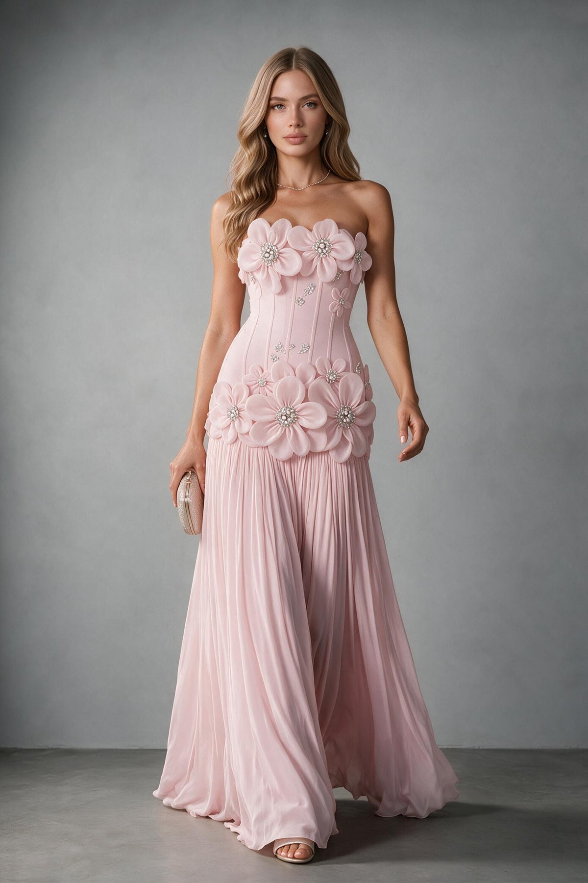 BOLODOO blush pink strapless maxi gown with 3D floral appliqués and corset-style bodice