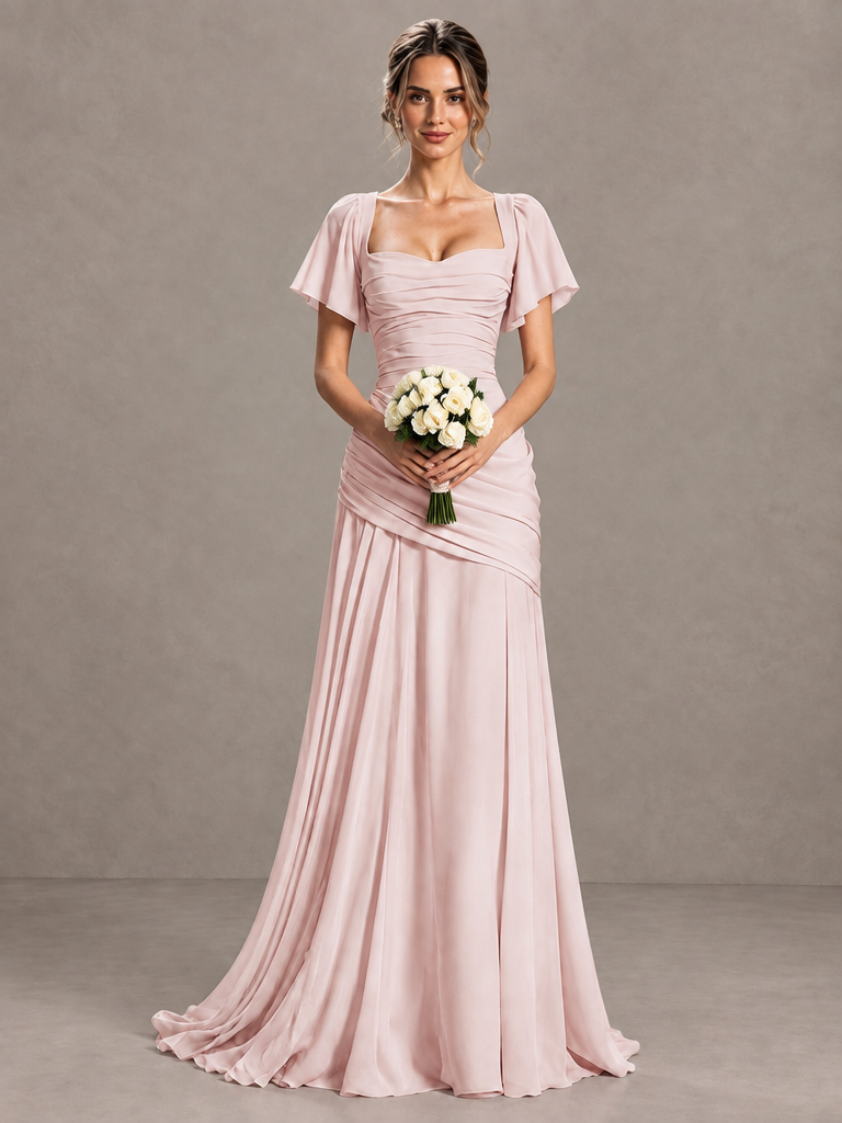 BOLODOO blush pink flutter sleeve lace-up back floor length maxi dress front view