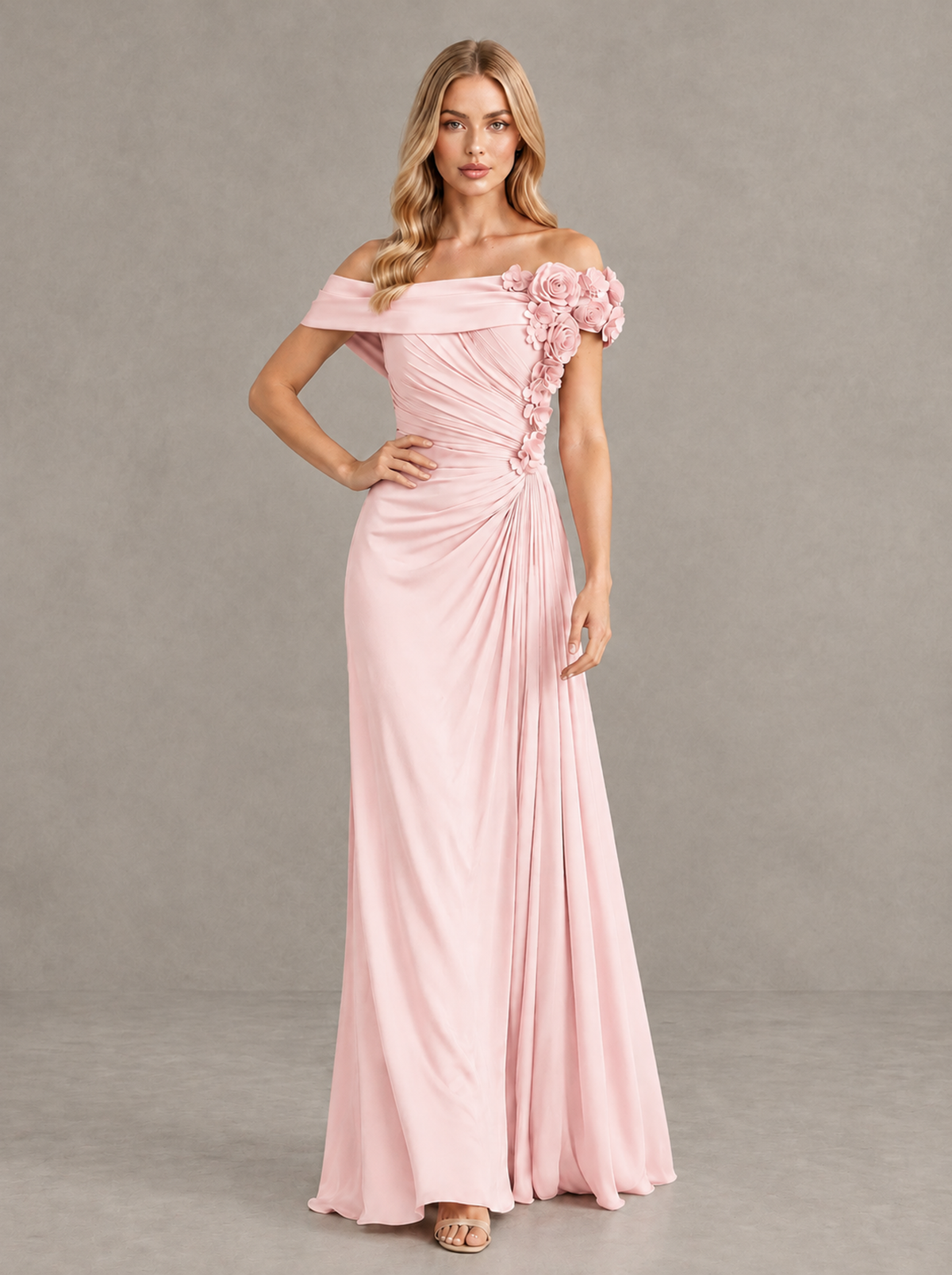BOLODOO Blush Pink Off-Shoulder Floral Applique Wedding Guest Maxi Dress 