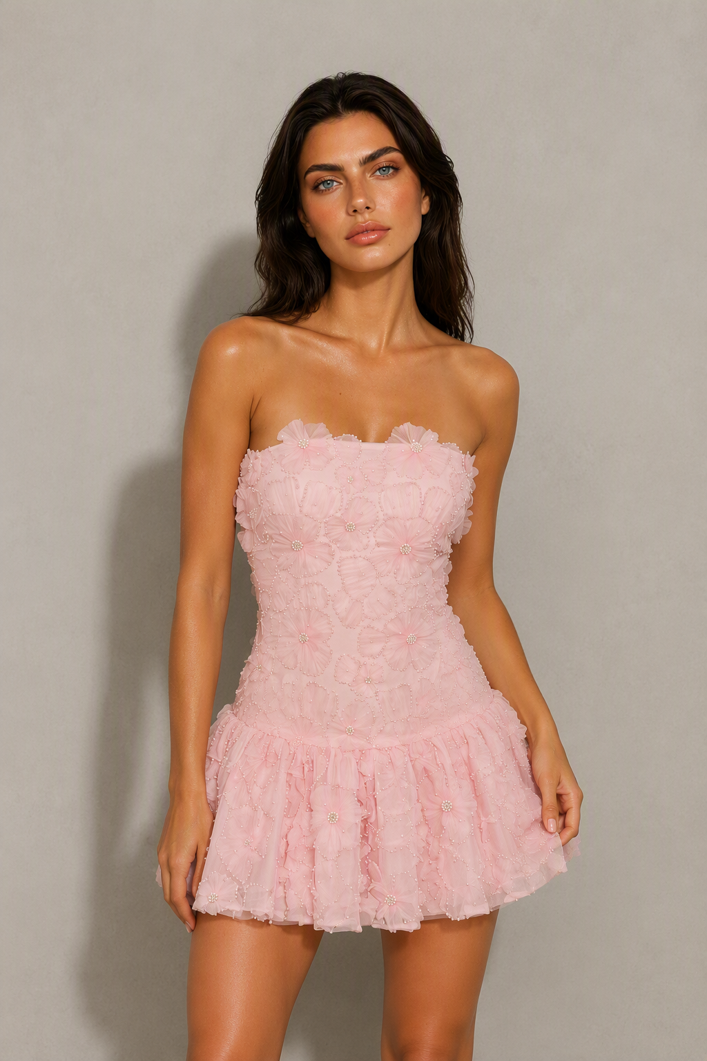 BOLODOO Blush Pink 3D Floral Tulle Strapless Corset Mini Dress - Three-Quarter Front View