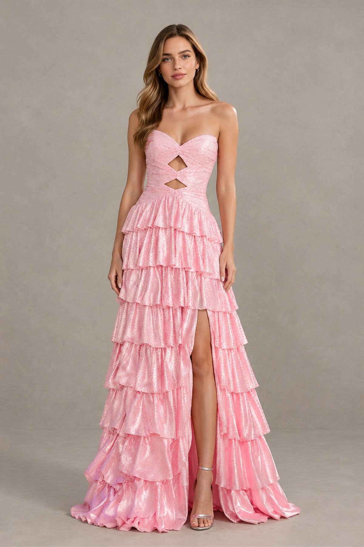 BOLODOO blush pink sweetheart neckline floor-length ruffle gown, alternate front view