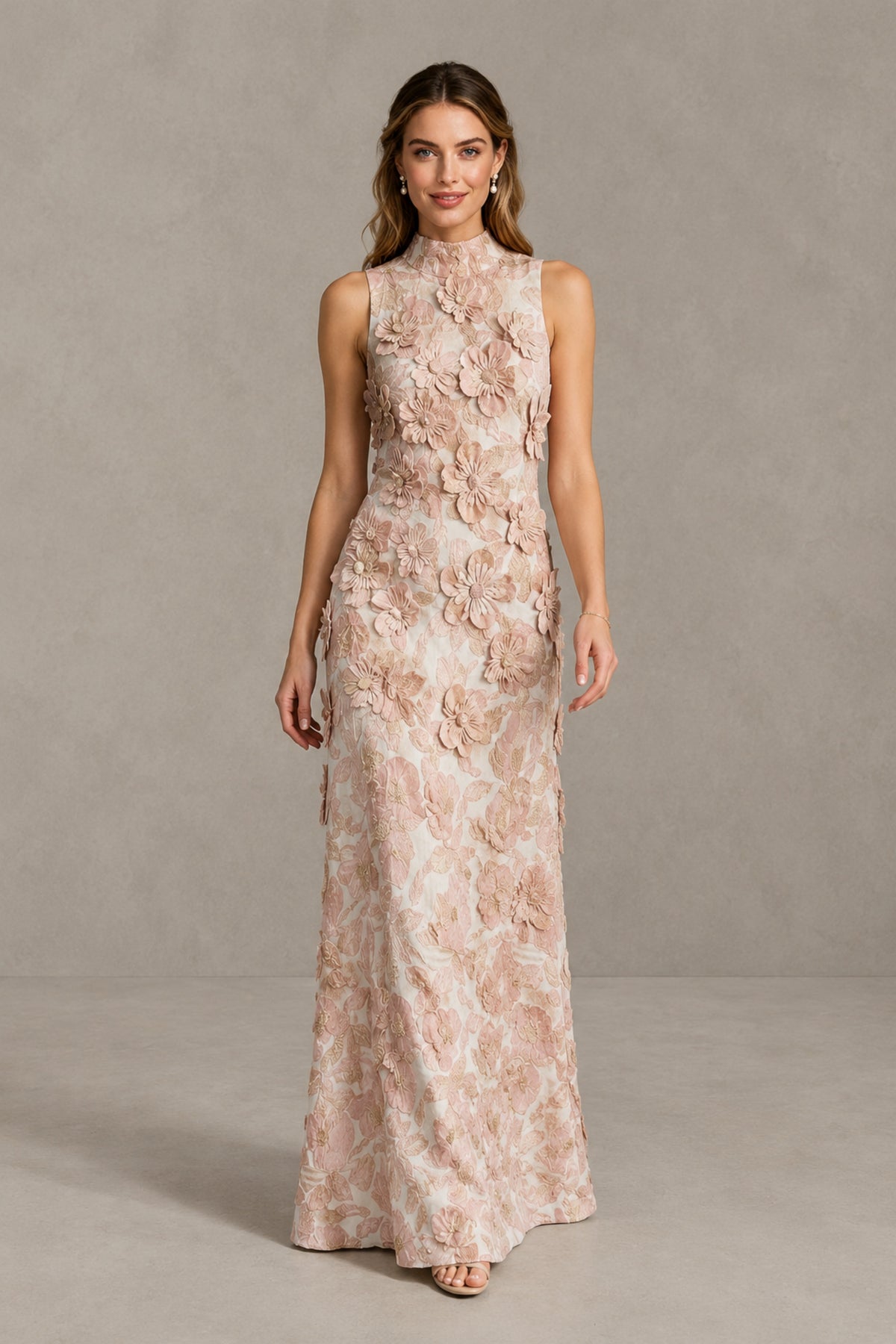 BOLODOO blush pink floral formal gown showing fitted bodice and gently flared maxi skirt, alternate front view
