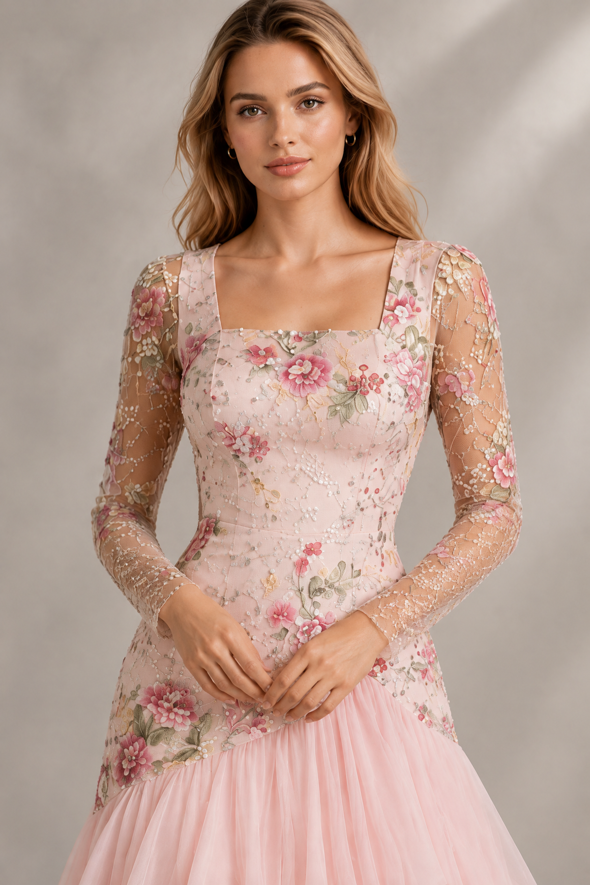 BOLODOO blush pink floral lace dress bodice detail with square neckline and sheer sleeves