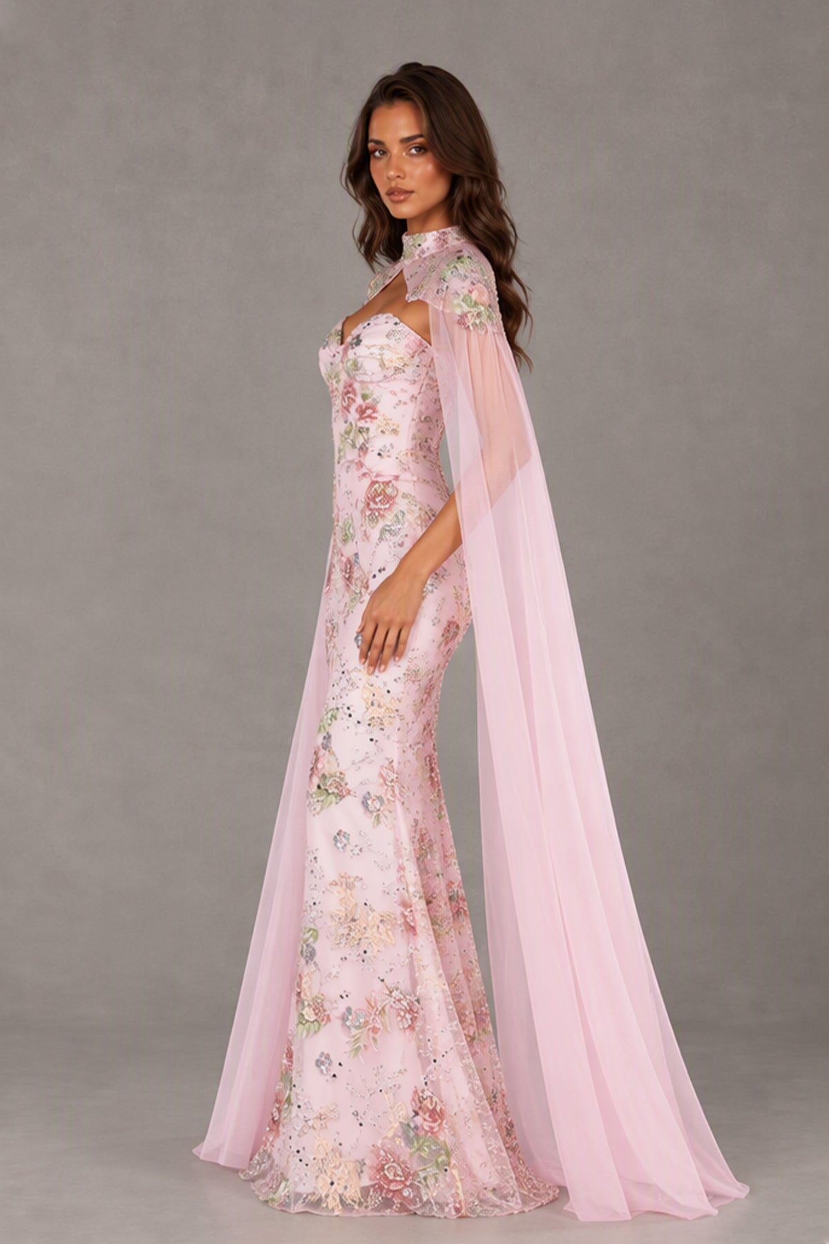 BOLODOO XX074 blush pink floor-length mermaid dress side view with sheer cape panels