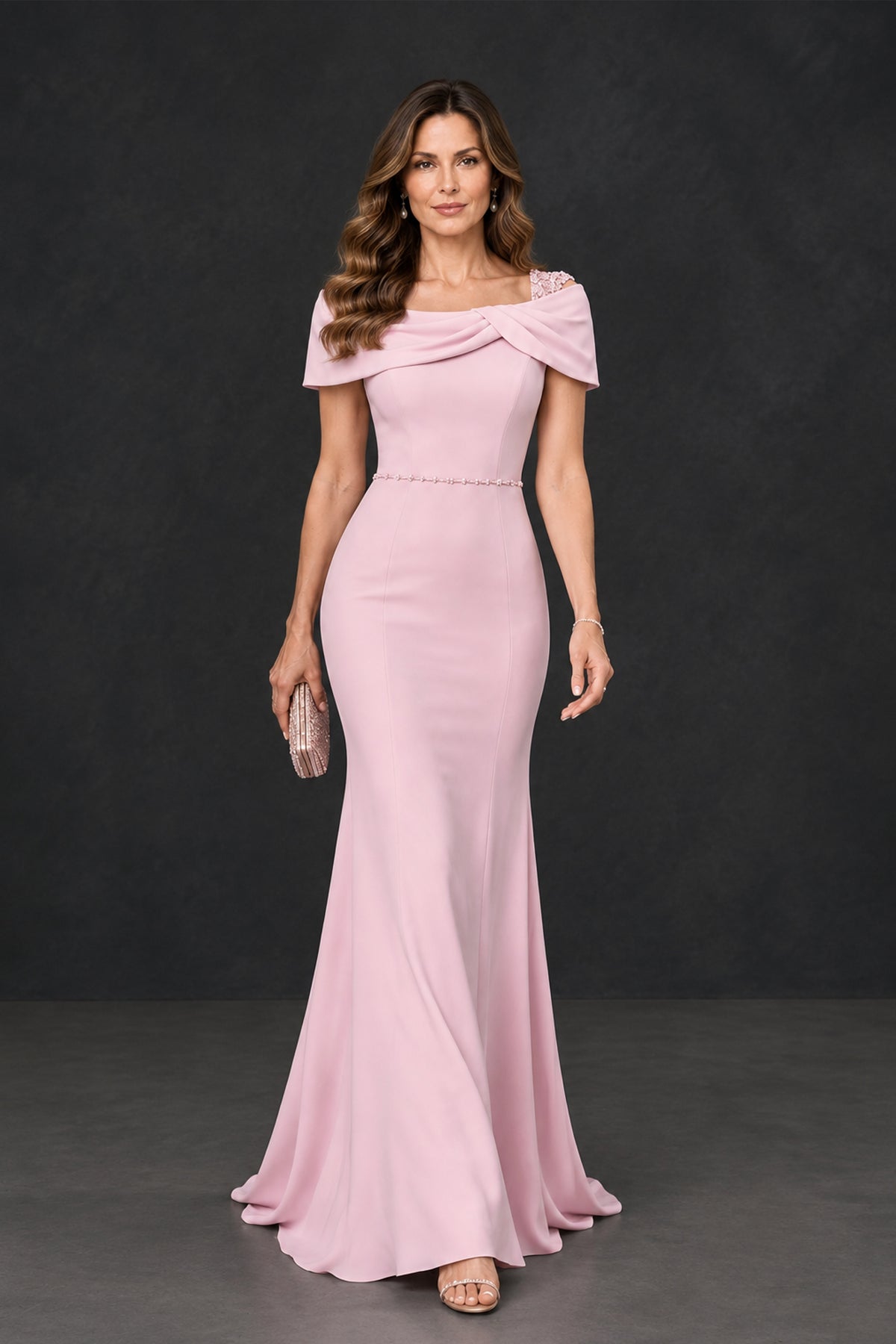 BOLODOO XX081 blush pink floor-length occasion dress front walking view with softly flared skirt
