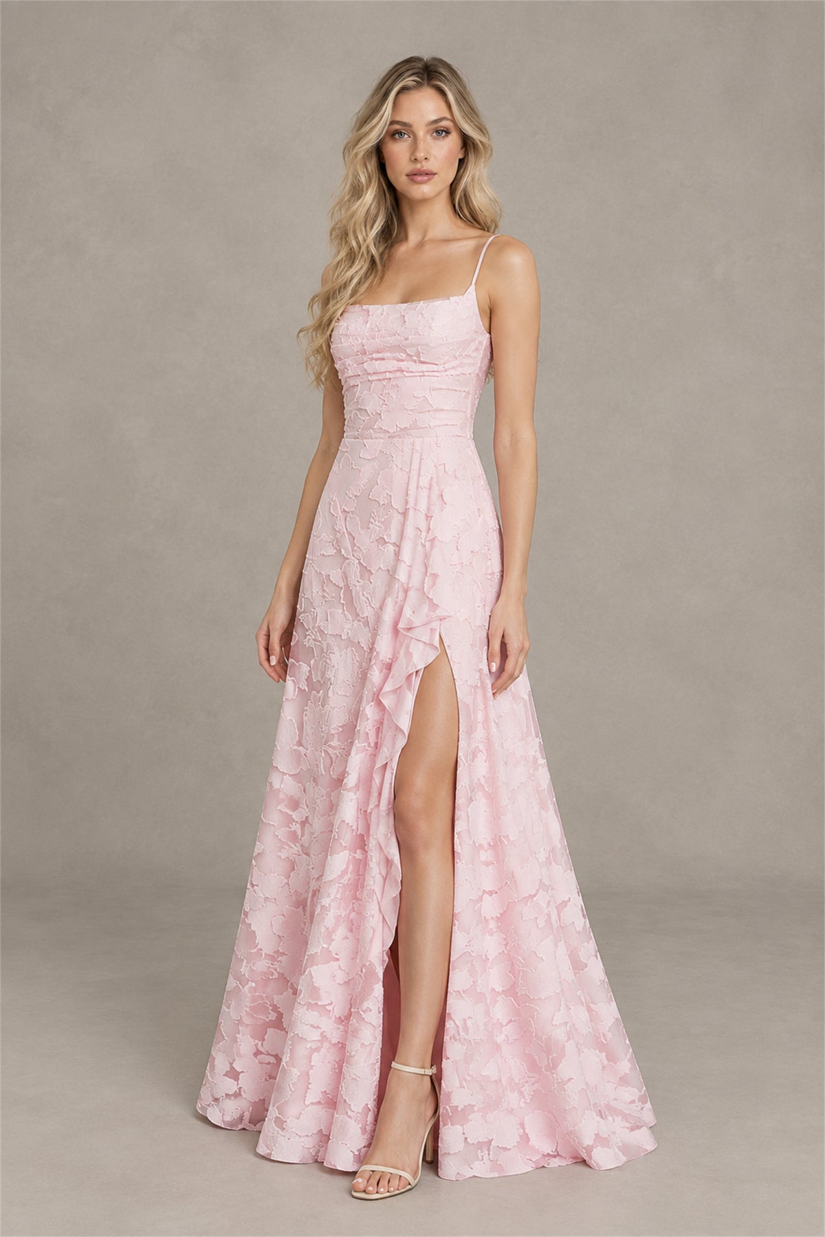 BOLODOO blush pink floral maxi dress front view showing leg slit and spaghetti straps
