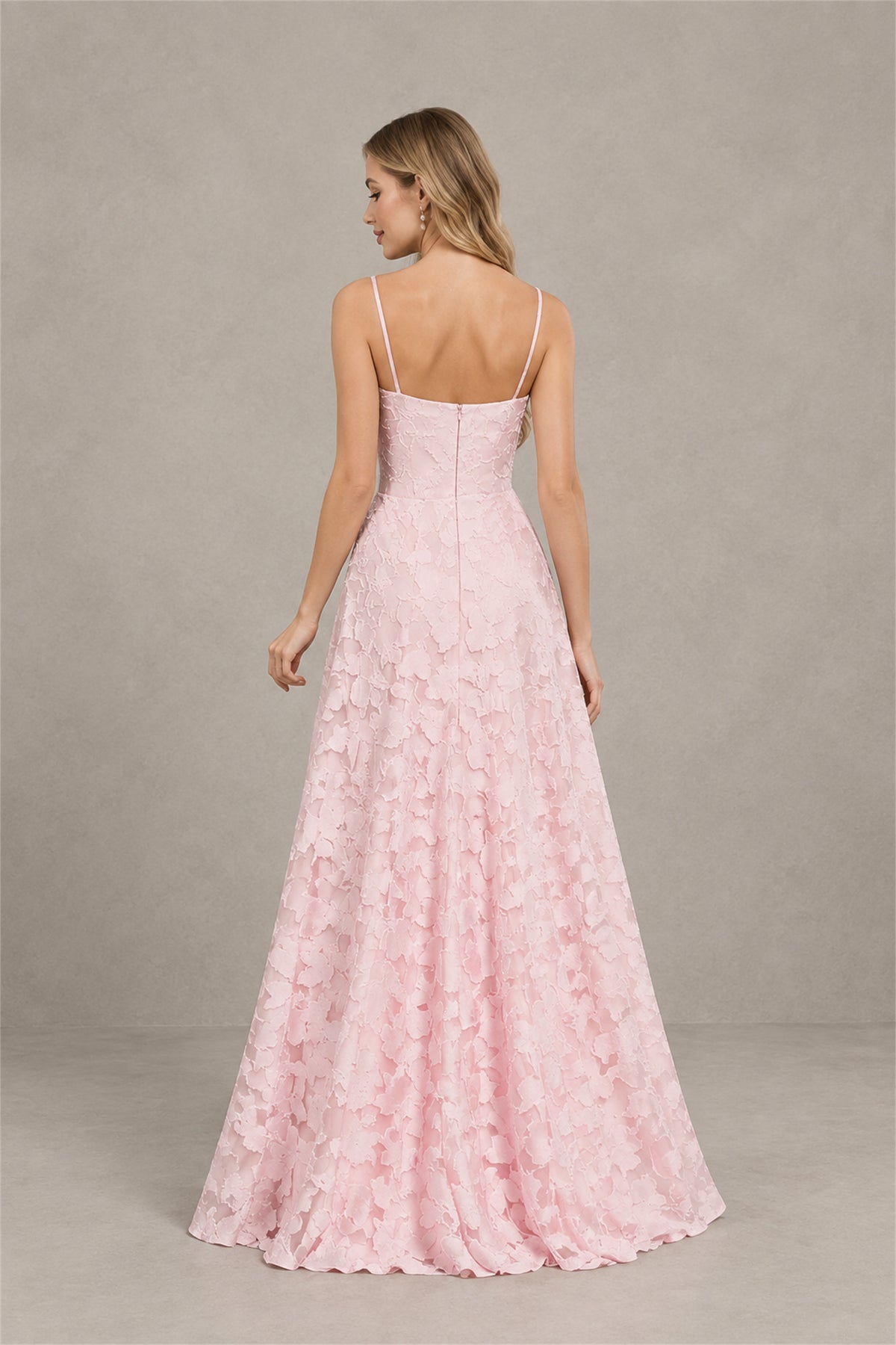 Alternate back view of floor length blush pink floral formal dress
