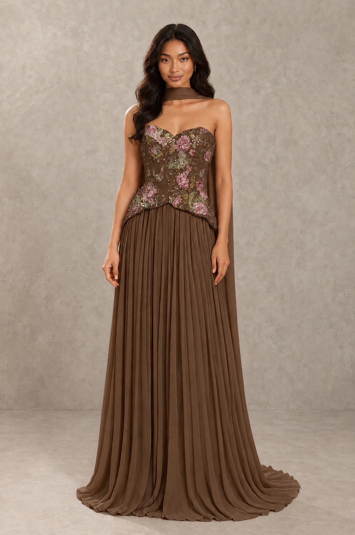 BOLODOO Brown Strapless Beaded Floral Corset Chiffon Maxi Gown – Open Back Prom & Formal Evening Dress - Brown - Brown_01