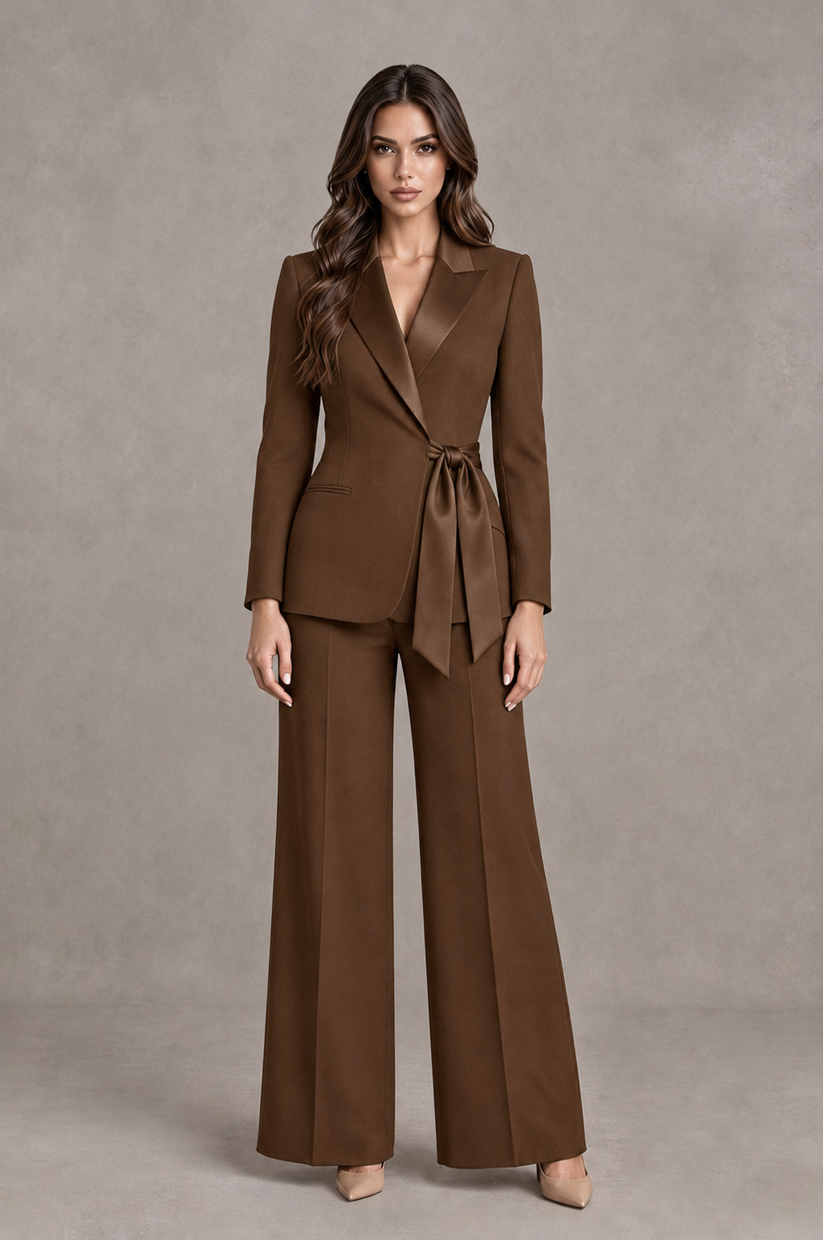 BOLODOO Brown Tie-Waist Blazer & Wide-Leg Pantsuit - Brown - Brown_01