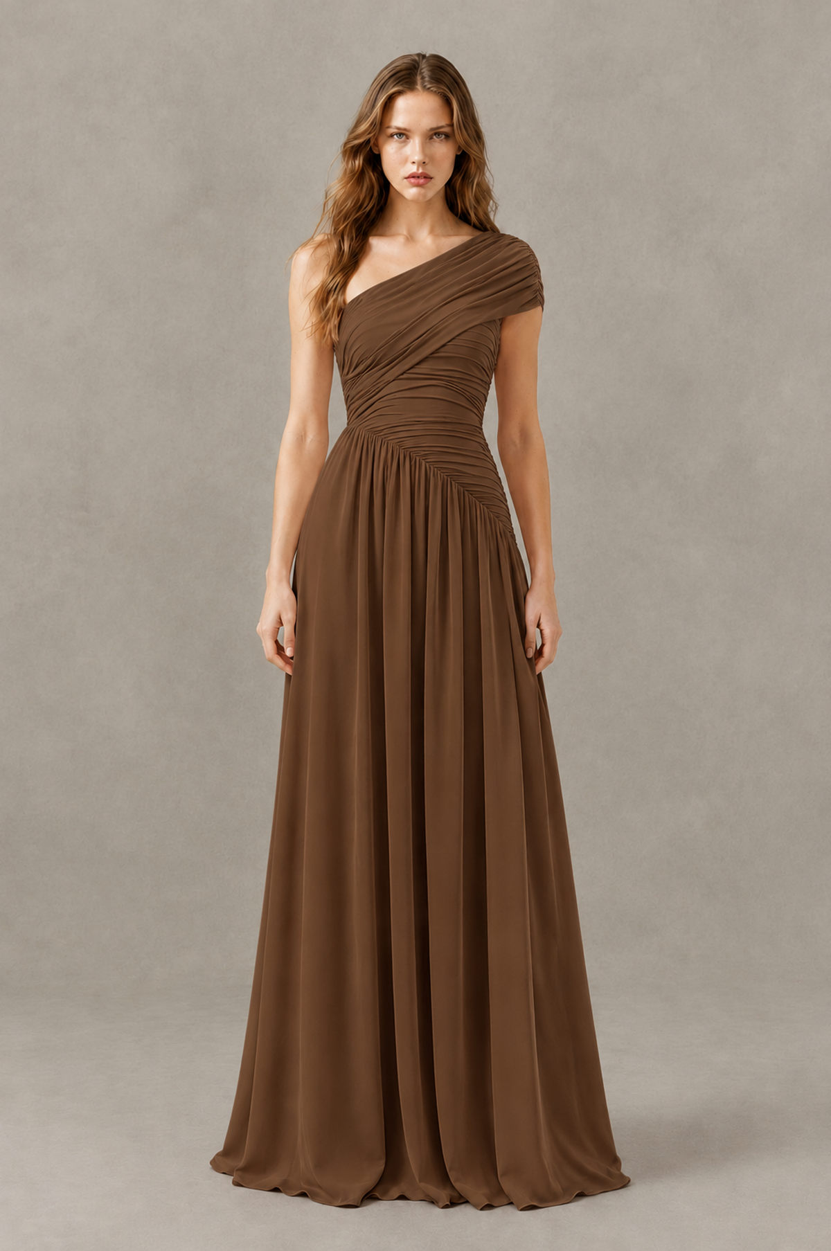 BOLODOO Brown One-Shoulder Ruched Floor-Length Bridesmaid Dress - Brown - Brown_01