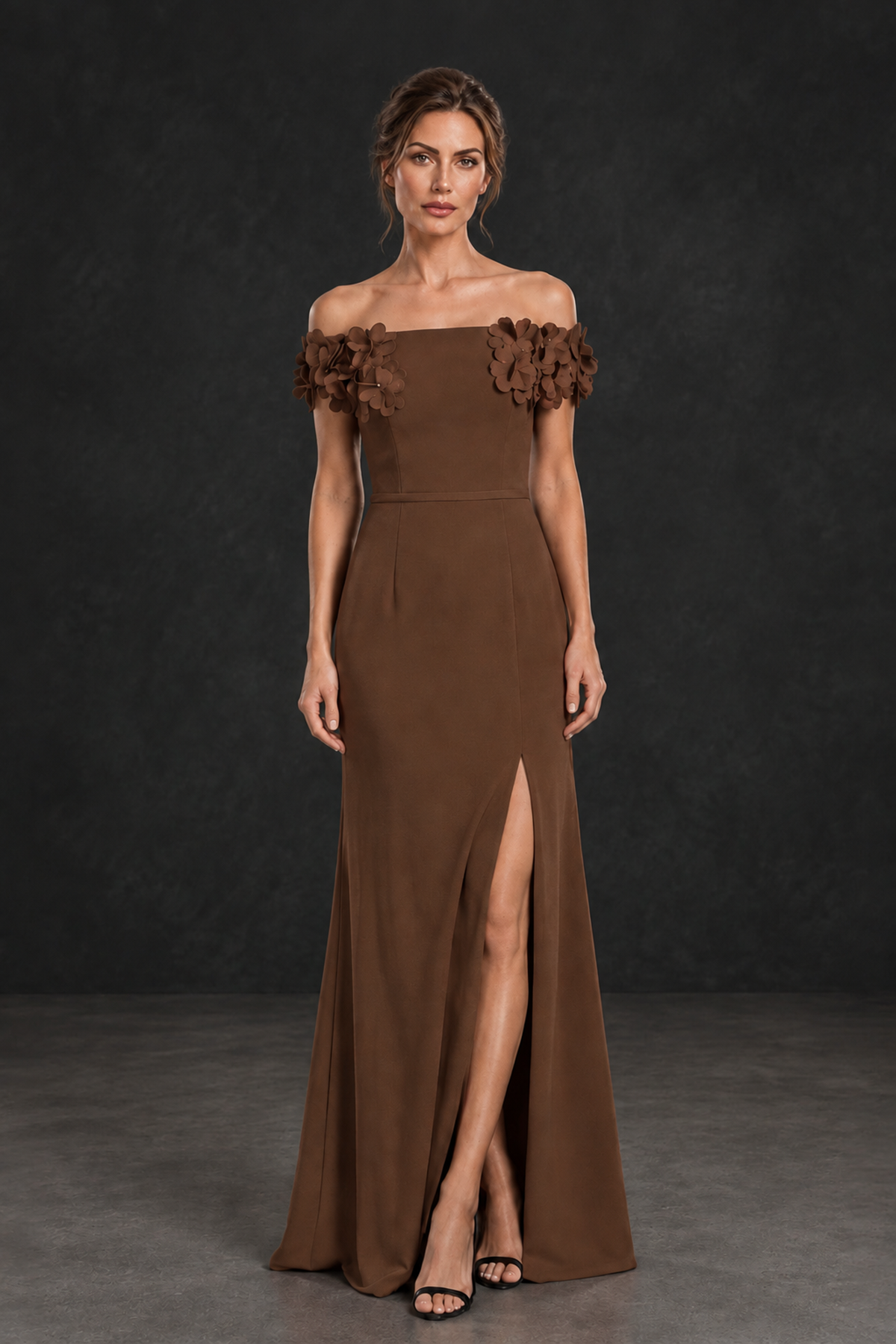 BOLODOO Brown Off-the-Shoulder Mother of the Bride Dress with Floral Appliques - Brown - Brown_01