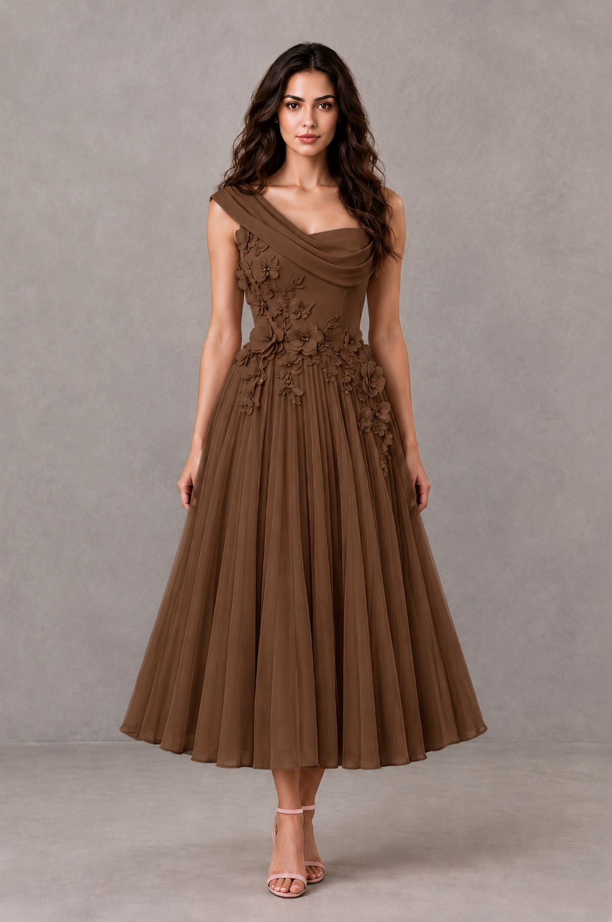 BOLODOO Brown One-Shoulder Floral Tulle Tea-Length Dress - Brown - Brown_01