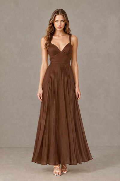 BOLODOO Brown V-Neck Pleated Open-Back Maxi Dress - Brown - Brown_01
