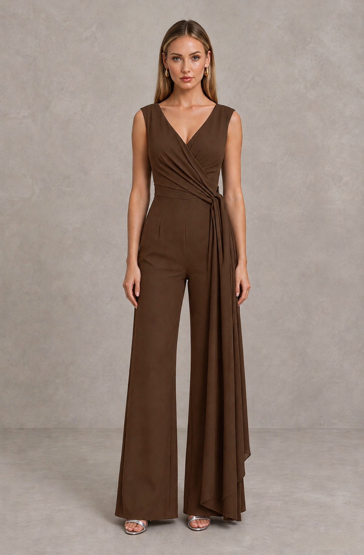 BOLODOO Brown Sleeveless V-Neck Wide-Leg Jumpsuit with Side Drape - Brown - Brown_01