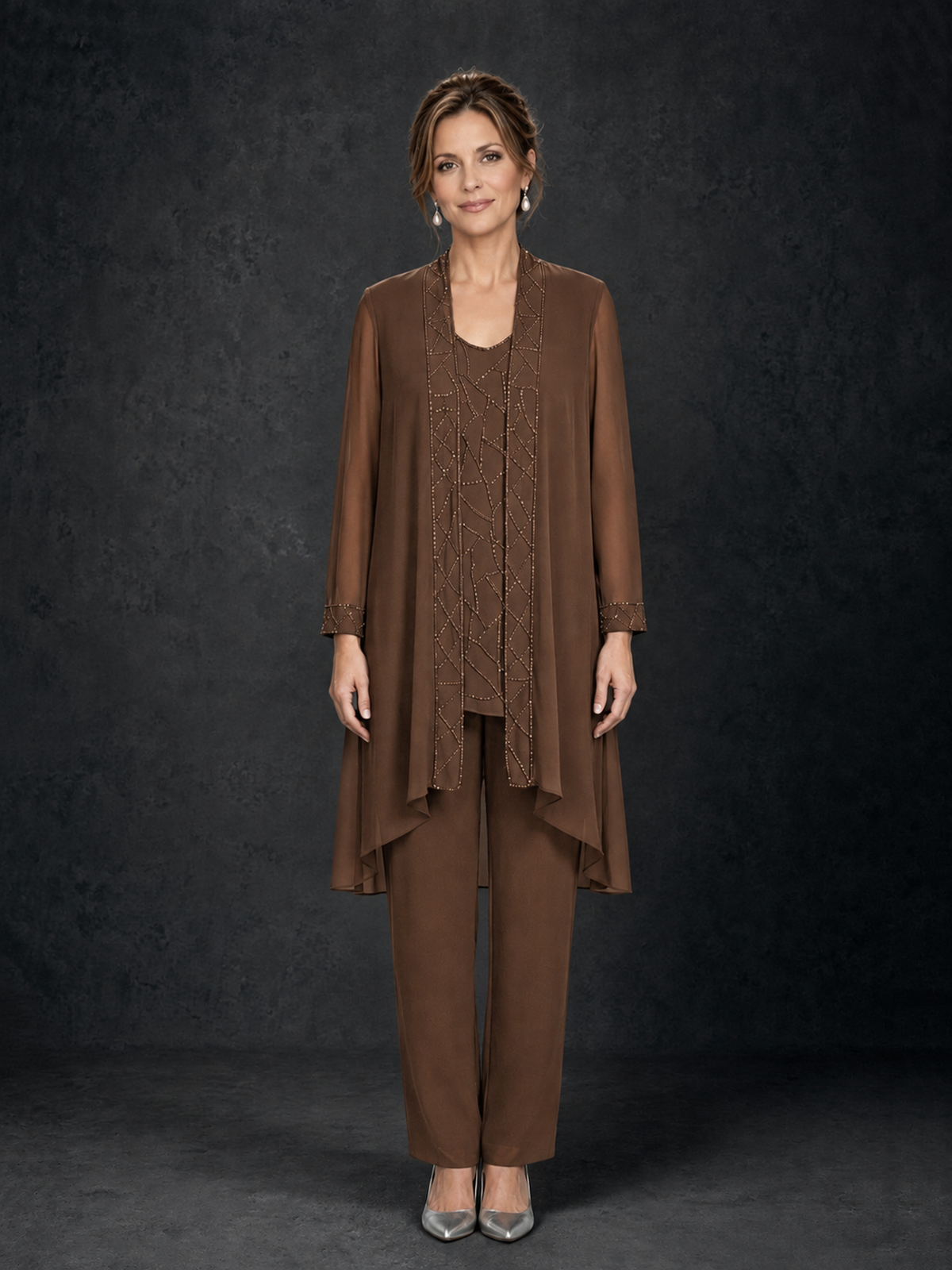 BOLODOO Brown 3-Piece Beaded Chiffon Duster Jacket Pant Suit - Brown - Brown_01