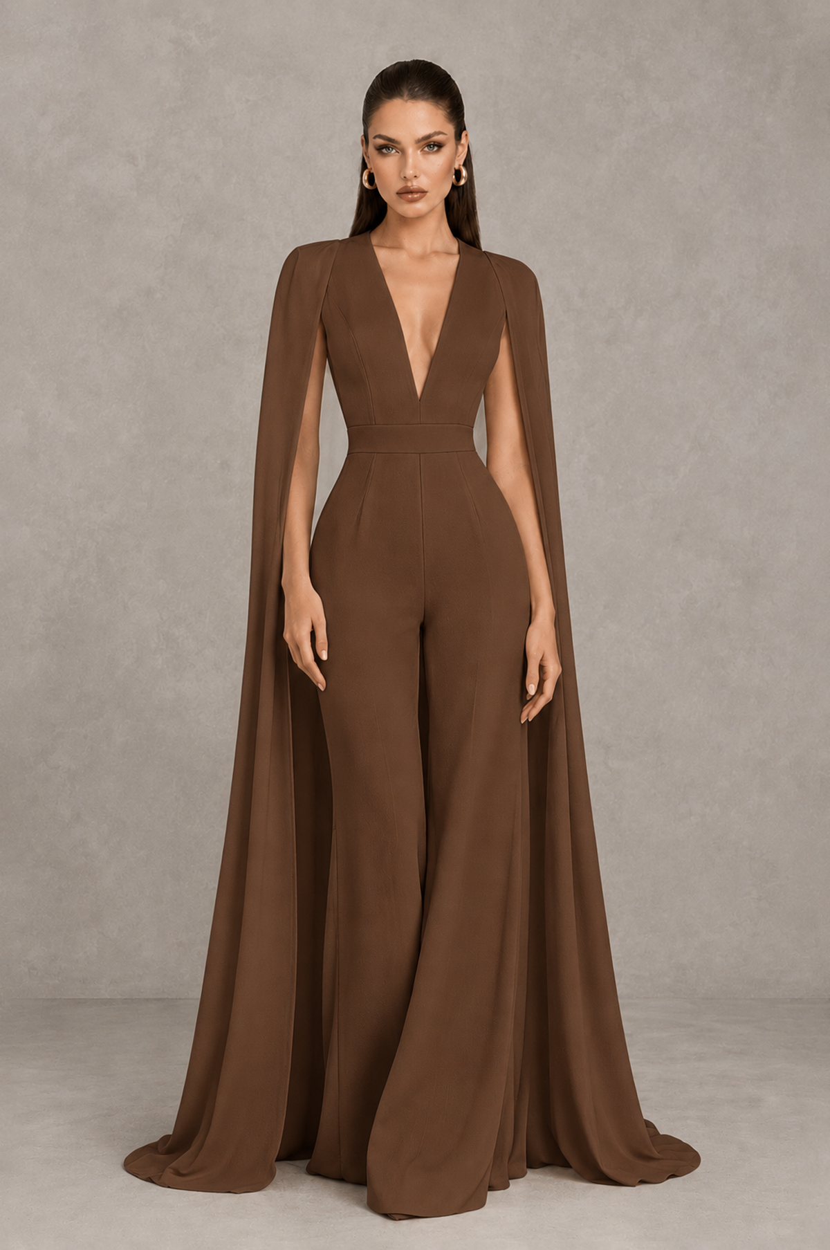 BOLODOO Brown Deep V-Neck Cape Sleeve Bridal Jumpsuit - Brown - Brown_01