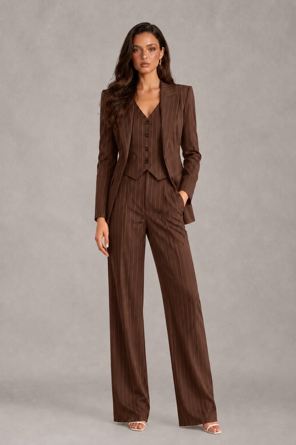 BOLODOO Women's Brown Pinstripe Three-Piece Pantsuit with Wide-Leg Trousers - Brown - Brown_01