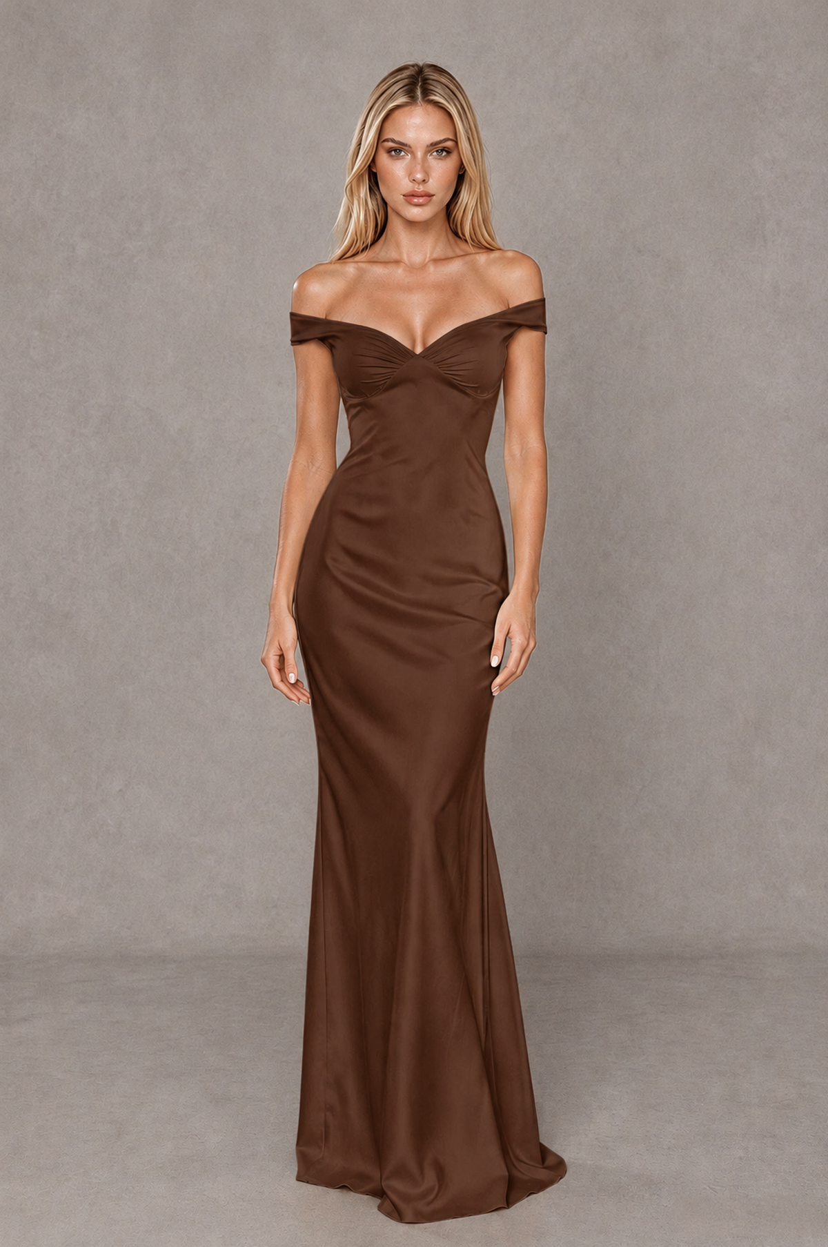 BOLODOO Brown Off-Shoulder Open-Back Satin Evening Gown - Brown - Brown_01
