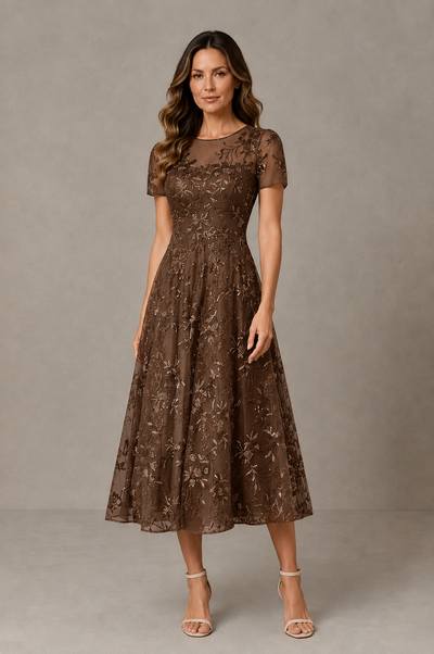 BOLODOO Brown Textured Floral A-Line Dress with Short Sleeves - Brown - Brown_01